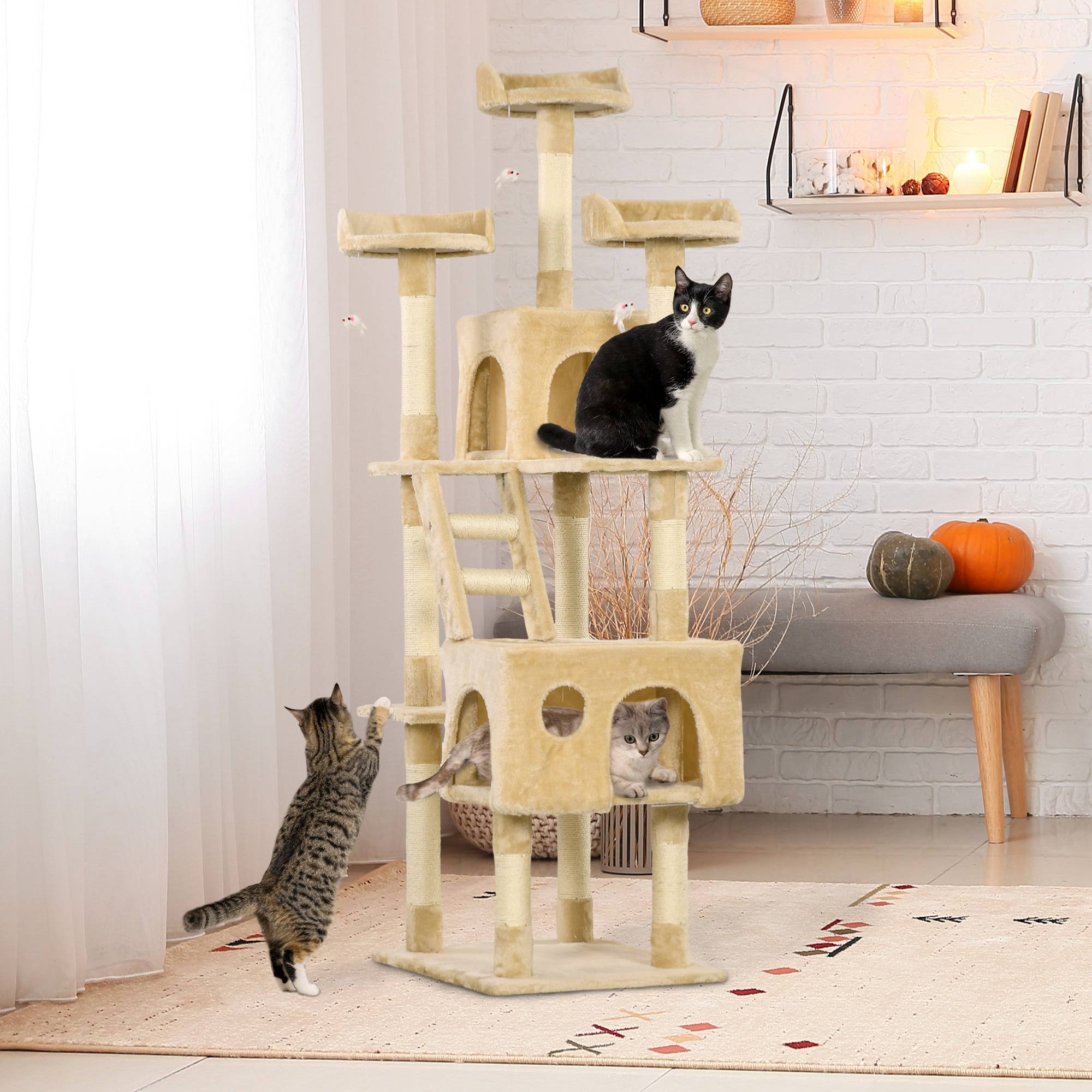 Sans Marque - Arbre à chat XXL beige 181 cm avec niches, plateformes et aire de jeu complète - Image 4