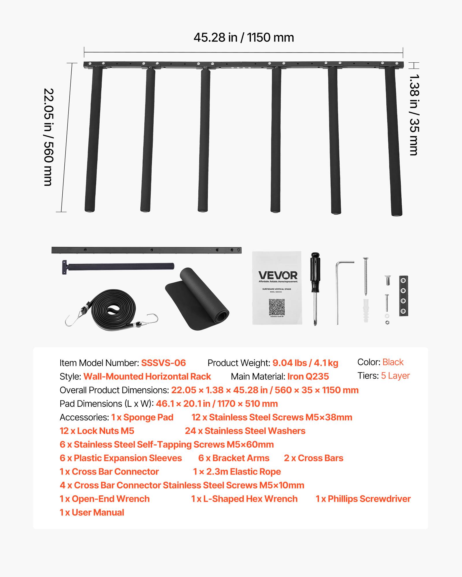 Vevor - VEVOR Support vertical mural 5 niveaux, rangement réglable en acier Q235 avec coussinets en éponge et corde élastique 2,3 m, pour planches et skis. - Image 6