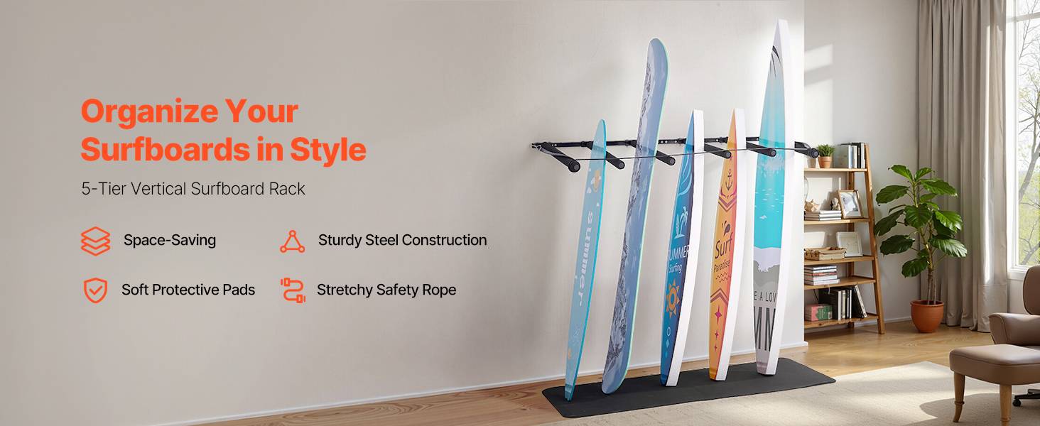 Vevor - VEVOR Support vertical mural 5 niveaux, rangement réglable en acier Q235 avec coussinets en éponge et corde élastique 2,3 m, pour planches et skis. - Image 9