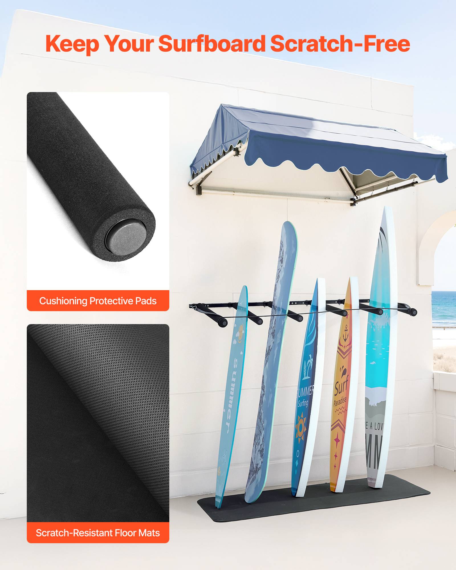 Vevor - VEVOR Support vertical mural 5 niveaux, rangement réglable en acier Q235 avec coussinets en éponge et corde élastique 2,3 m, pour planches et skis. - Image 4