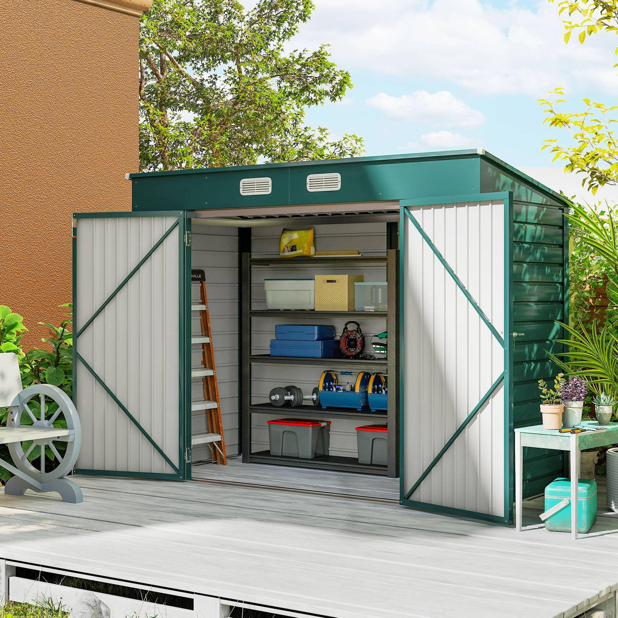 ComfortXL - Abri de jardin en acier galvanisé 249 x 121 x 166/183 cm vert double porte toit monopente pour outils extérieur - Image 1