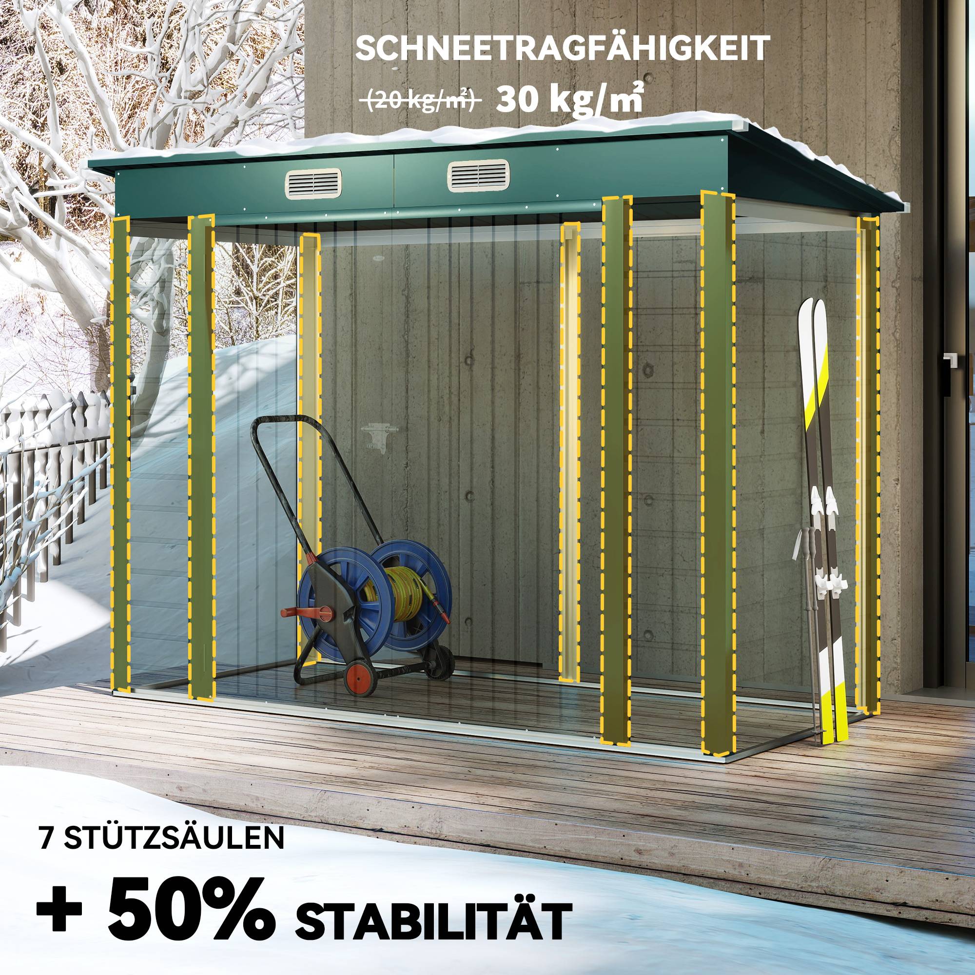 ComfortXL - Abri de jardin en acier galvanisé 249 x 121 x 166/183 cm vert double porte toit monopente pour outils extérieur - Image 5