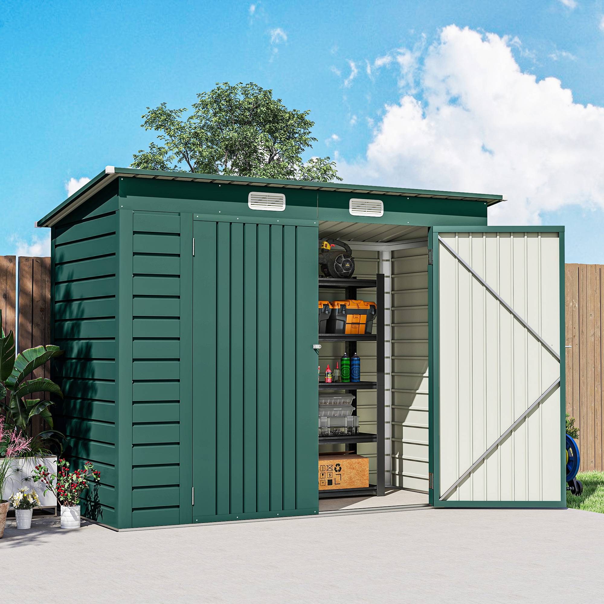 ComfortXL - Abri de jardin en acier galvanisé 249 x 121 x 166/183 cm vert double porte toit monopente pour outils extérieur - Image 9