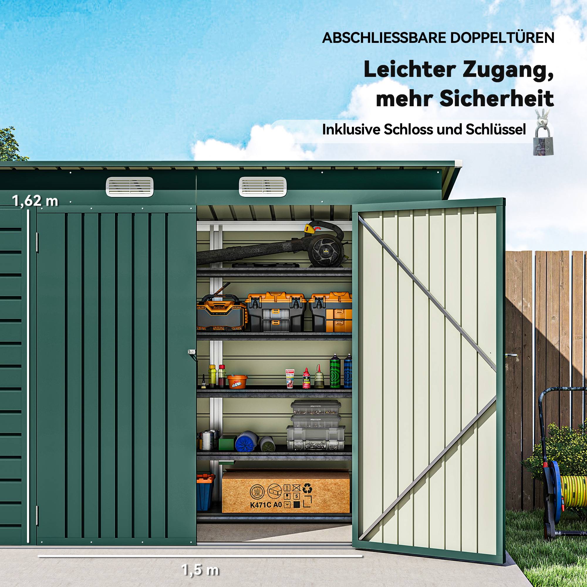 ComfortXL - Abri de jardin en acier galvanisé 249 x 121 x 166/183 cm vert double porte toit monopente pour outils extérieur - Image 6