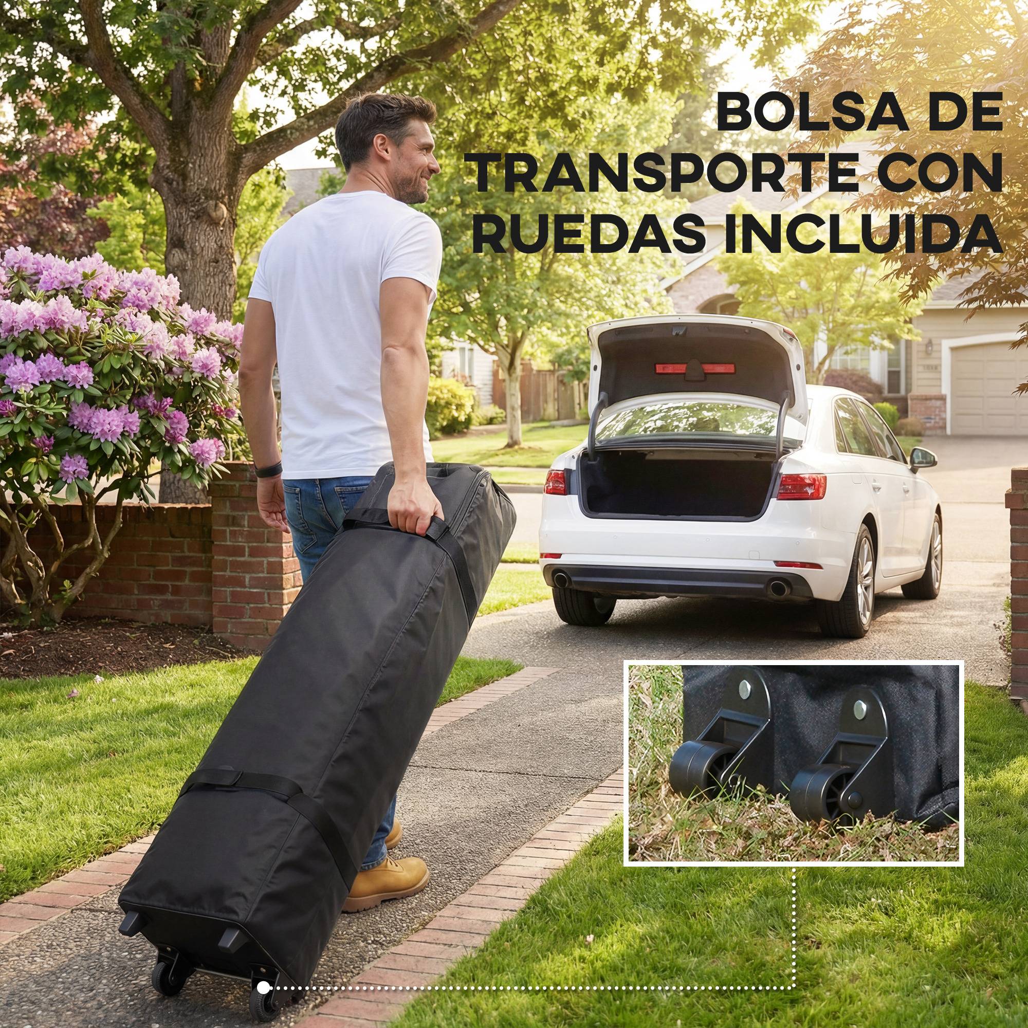 Tonnelle pliante 3,6 x 3,6 m avec parois en maille anti-UV50+, hauteur réglable, sac de transport à roulettes et sacs de lestage, grise - Image 9