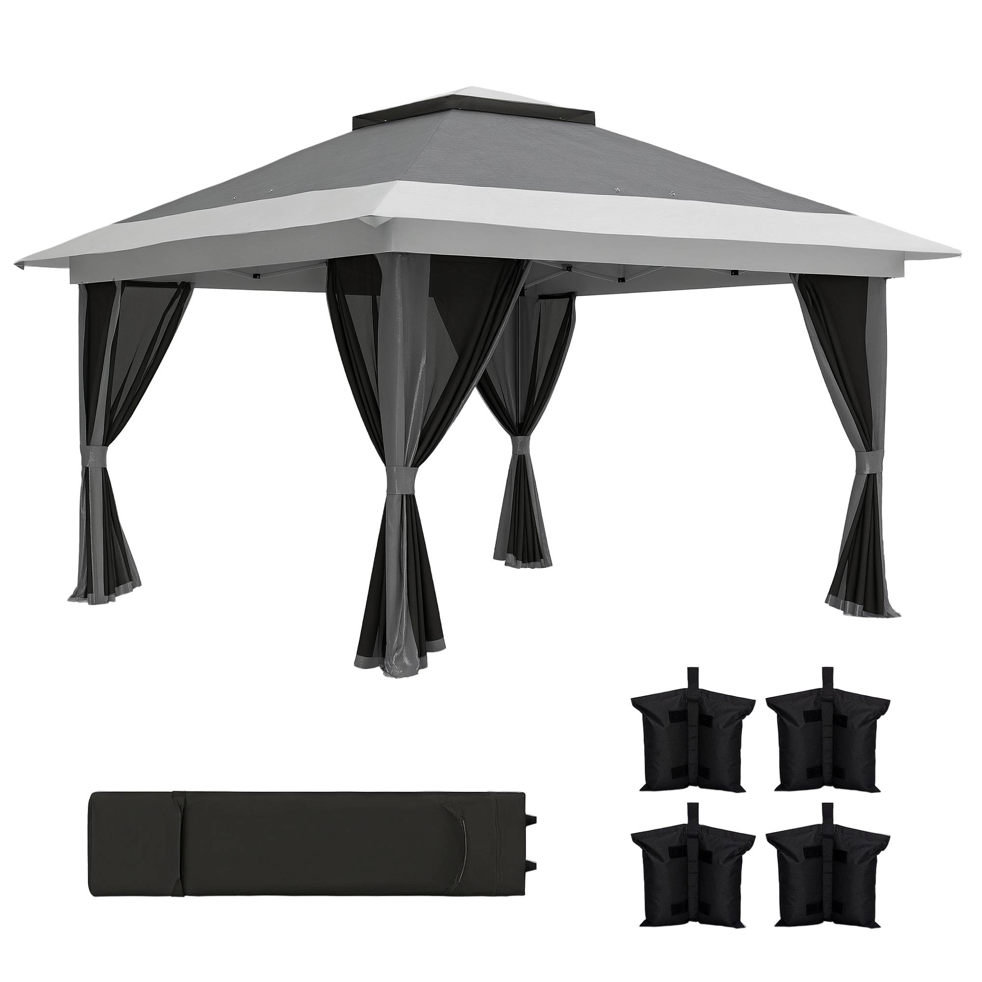 Tonnelle pliante 3,6 x 3,6 m avec parois en maille anti-UV50+, hauteur réglable, sac de transport à roulettes et sacs de lestage, grise - Image 1