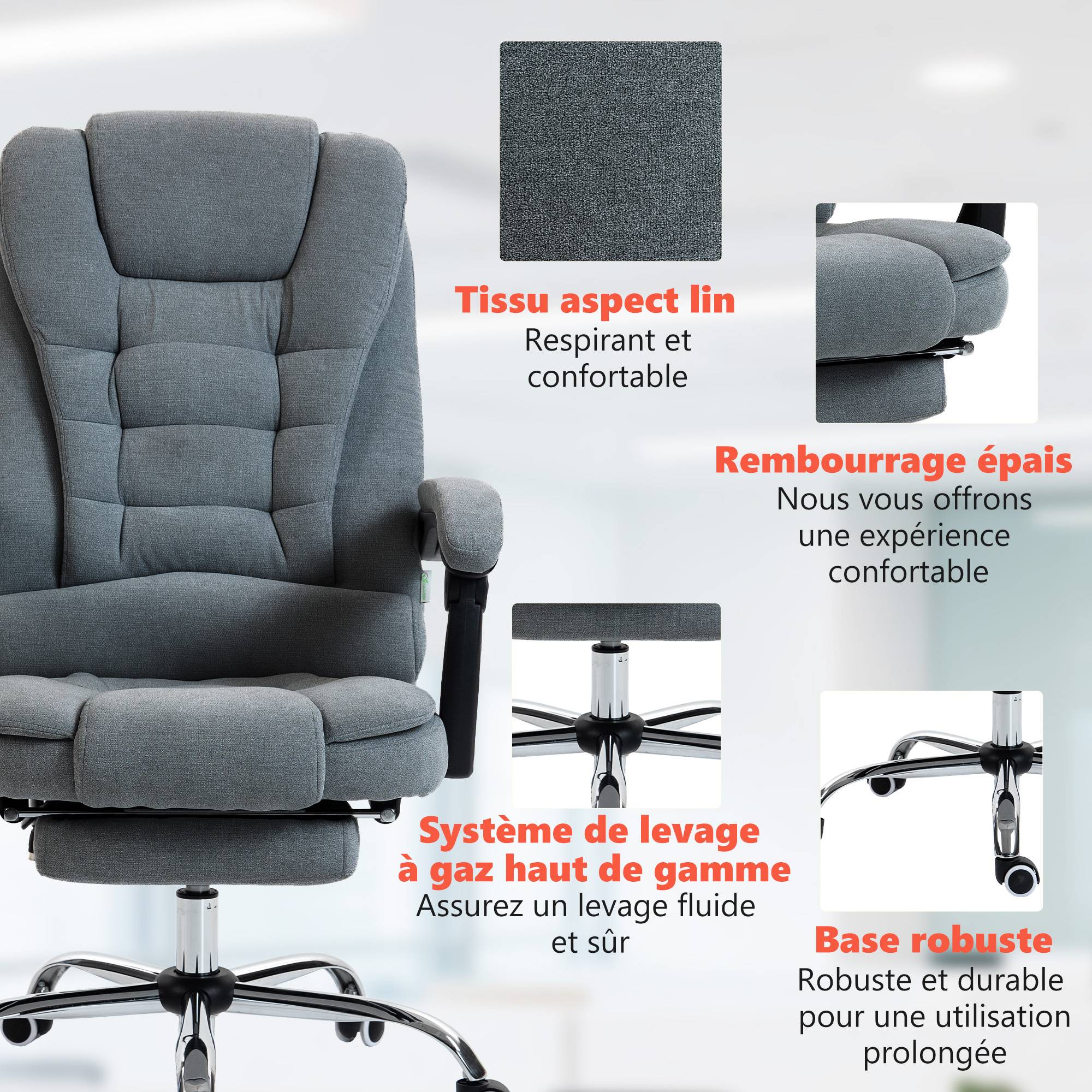 Sans Marque - Fauteuil de bureau massant et chauffant, chaise de bureau, hauteur réglable, dossier inclinable, 65x70x111-119cm, gris - Image 10