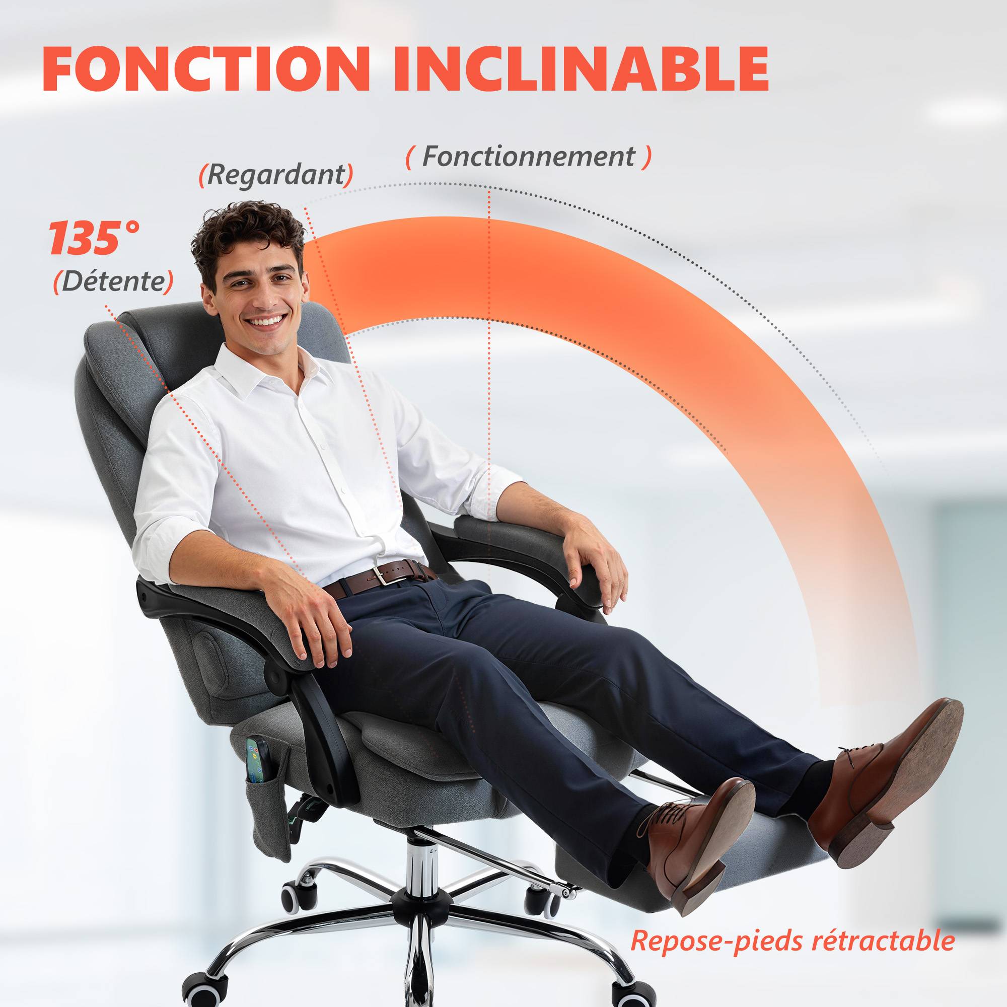 Sans Marque - Fauteuil de bureau massant et chauffant, chaise de bureau, hauteur réglable, dossier inclinable, 65x70x111-119cm, gris - Image 7