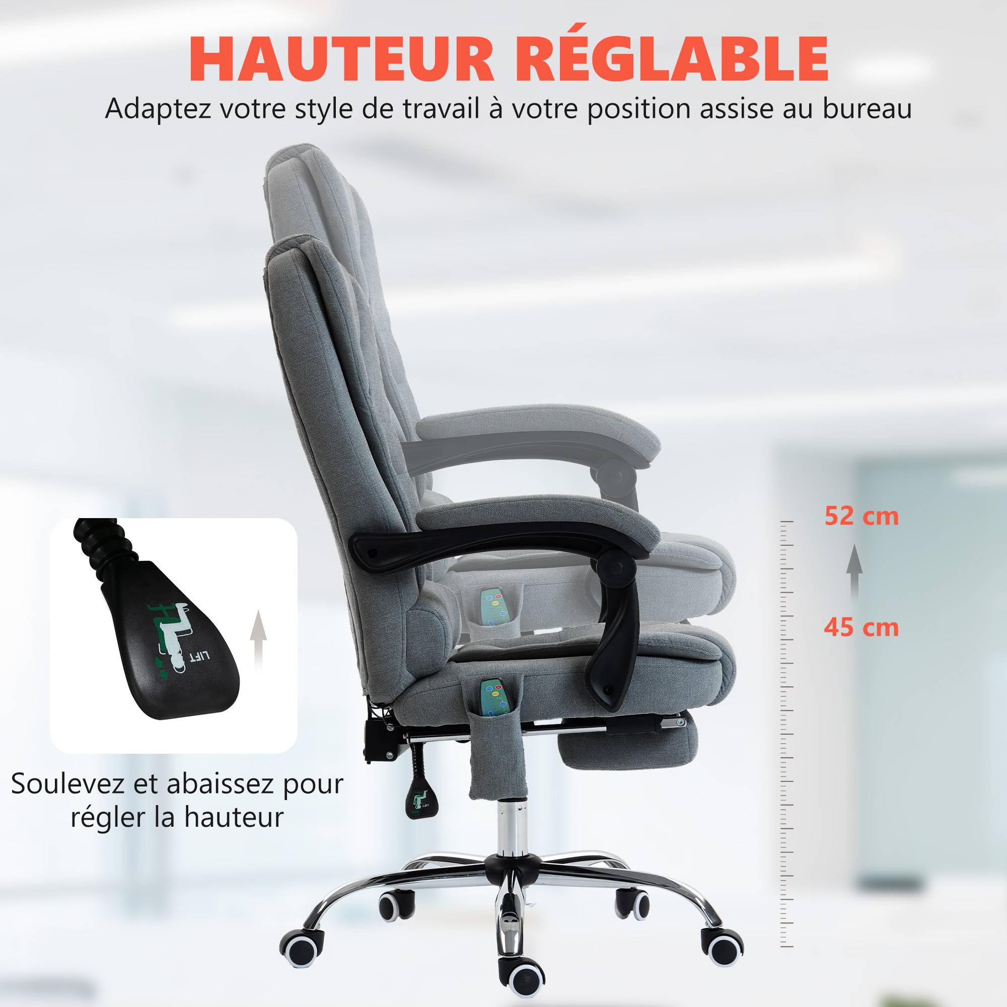 Sans Marque - Fauteuil de bureau massant et chauffant, chaise de bureau, hauteur réglable, dossier inclinable, 65x70x111-119cm, gris - Image 8
