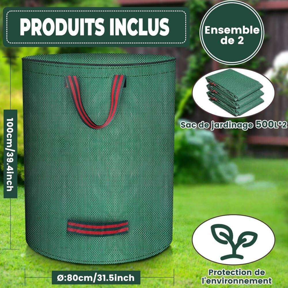 0 - Lot de 2 sacs déchets verts 500L - Imperméable et résistant - Poignées renforcées - Couvercle zip - Réutilisable - Image 3