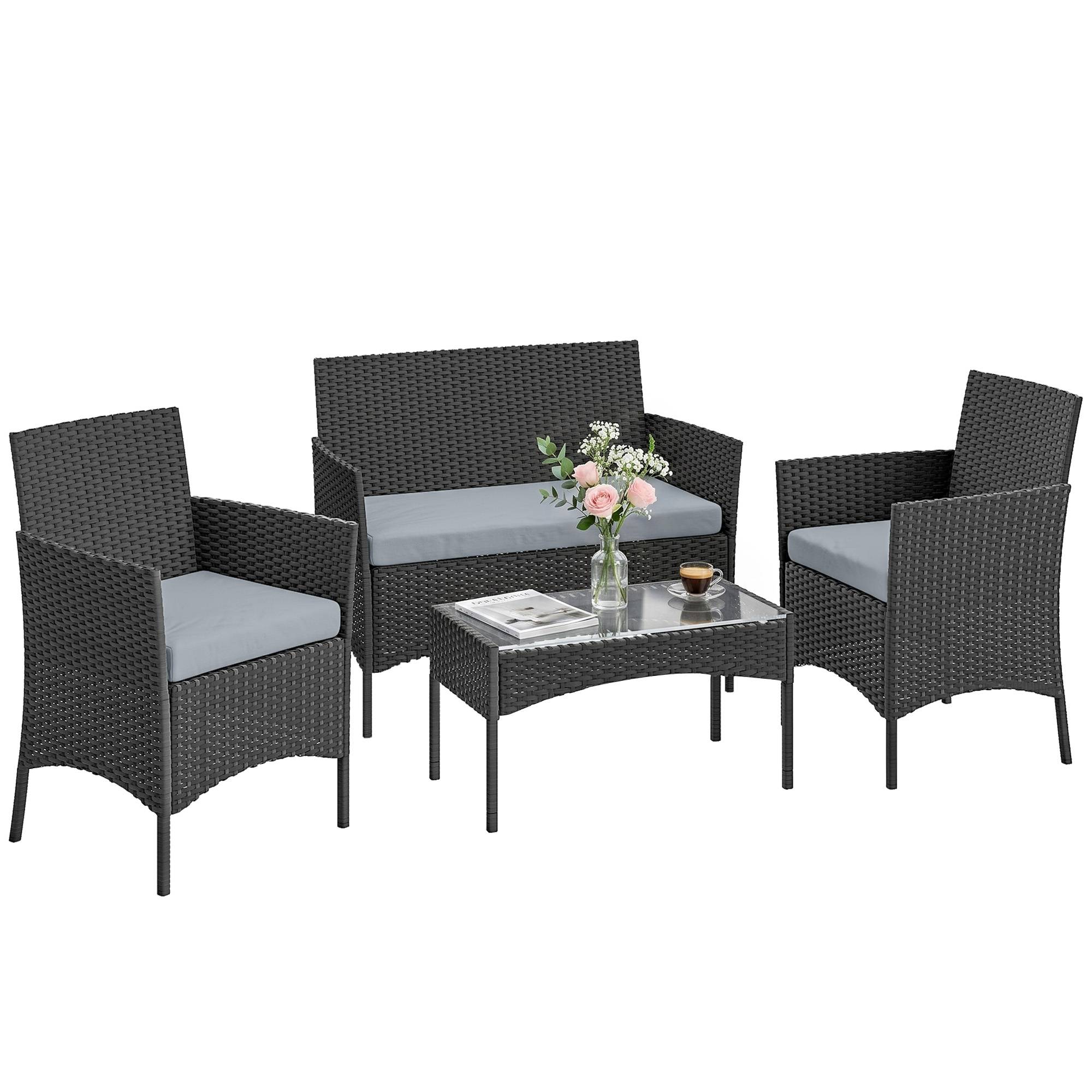 ComfortXL - Salon de jardin 4 places Résine tressée Patio & balcon Table verre trempé Gris - ComfortXL Outdoor Living