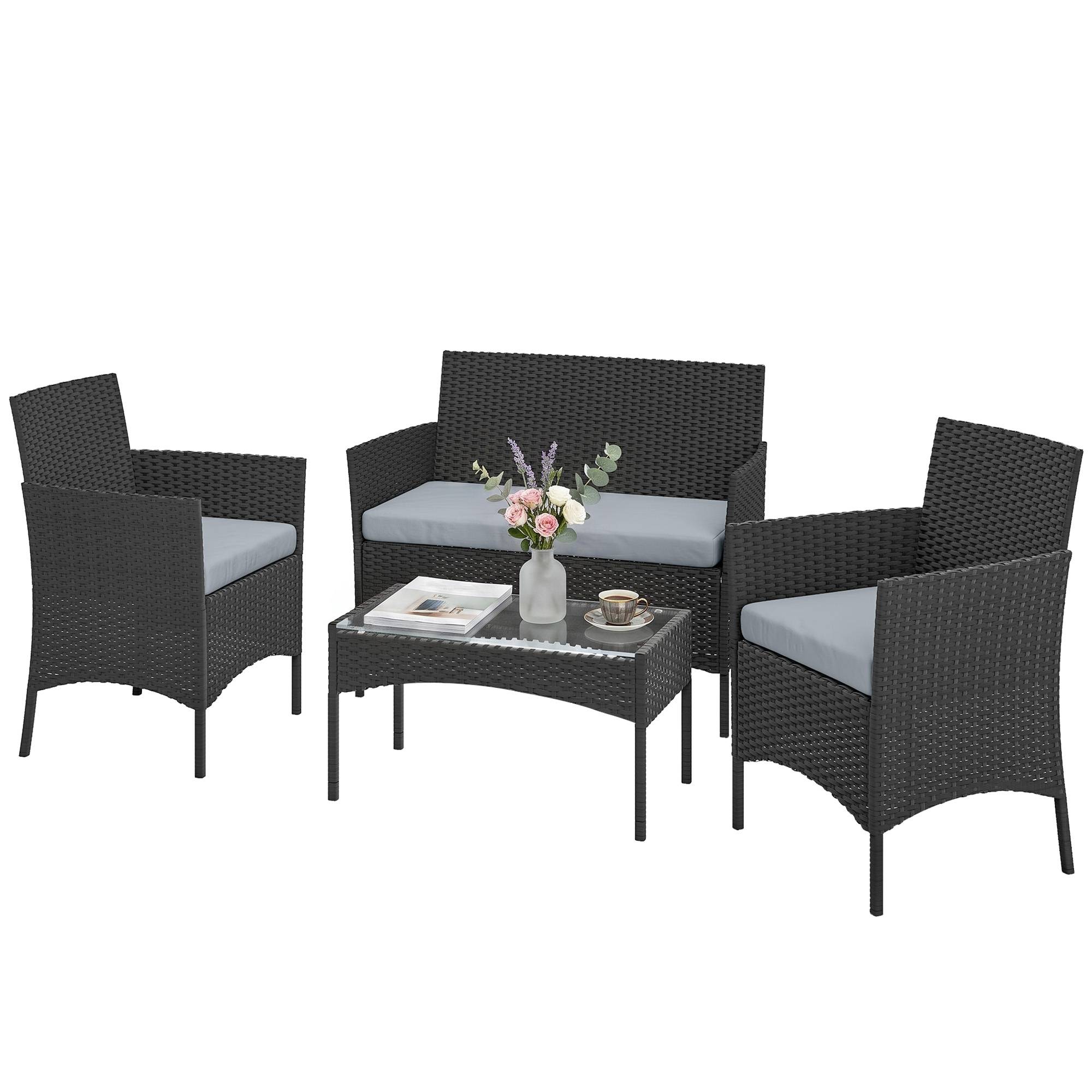 ComfortXL - Salon de jardin 4 places Résine tressée Patio & balcon Table verre trempé Gris - ComfortXL Outdoor Living - Image 2