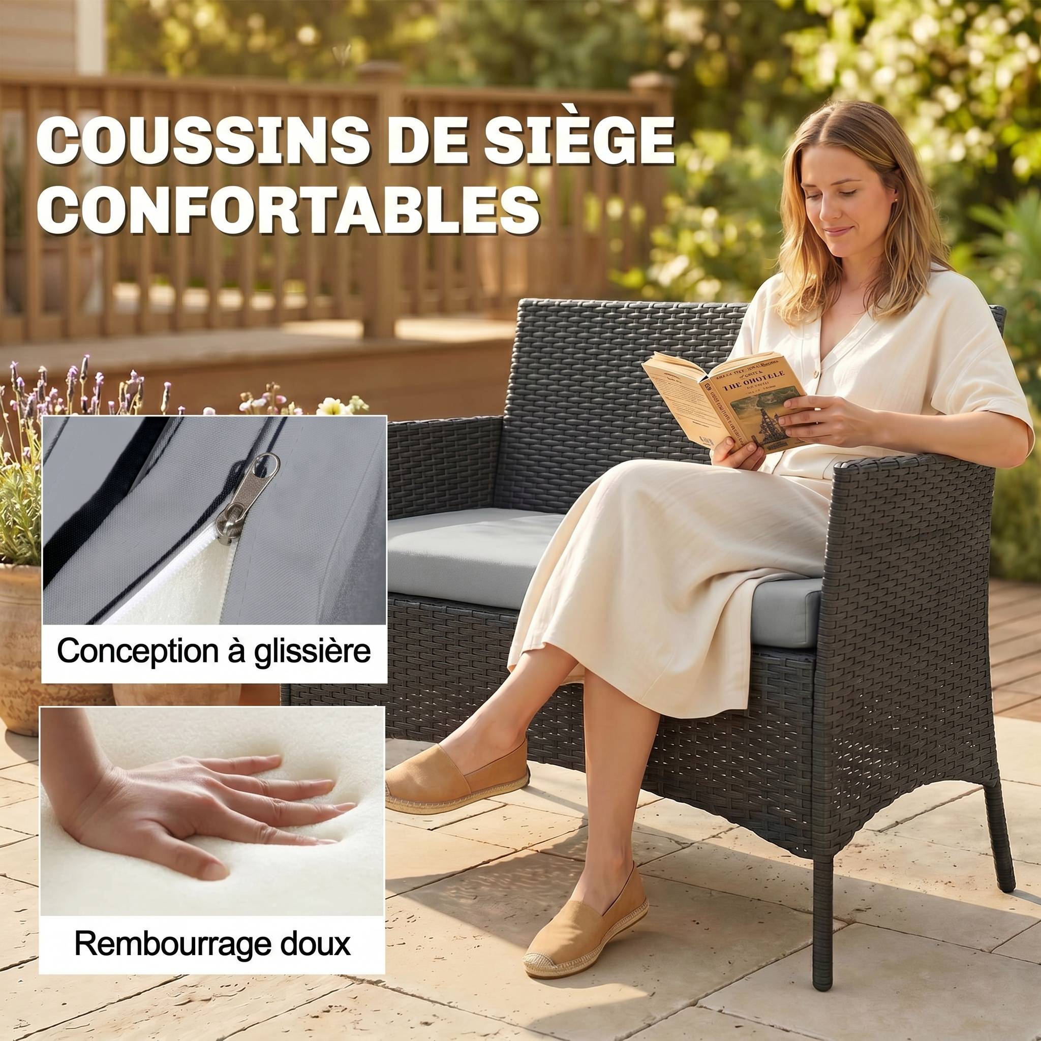 ComfortXL - Salon de jardin 4 places Résine tressée Patio & balcon Table verre trempé Gris - ComfortXL Outdoor Living - Image 8