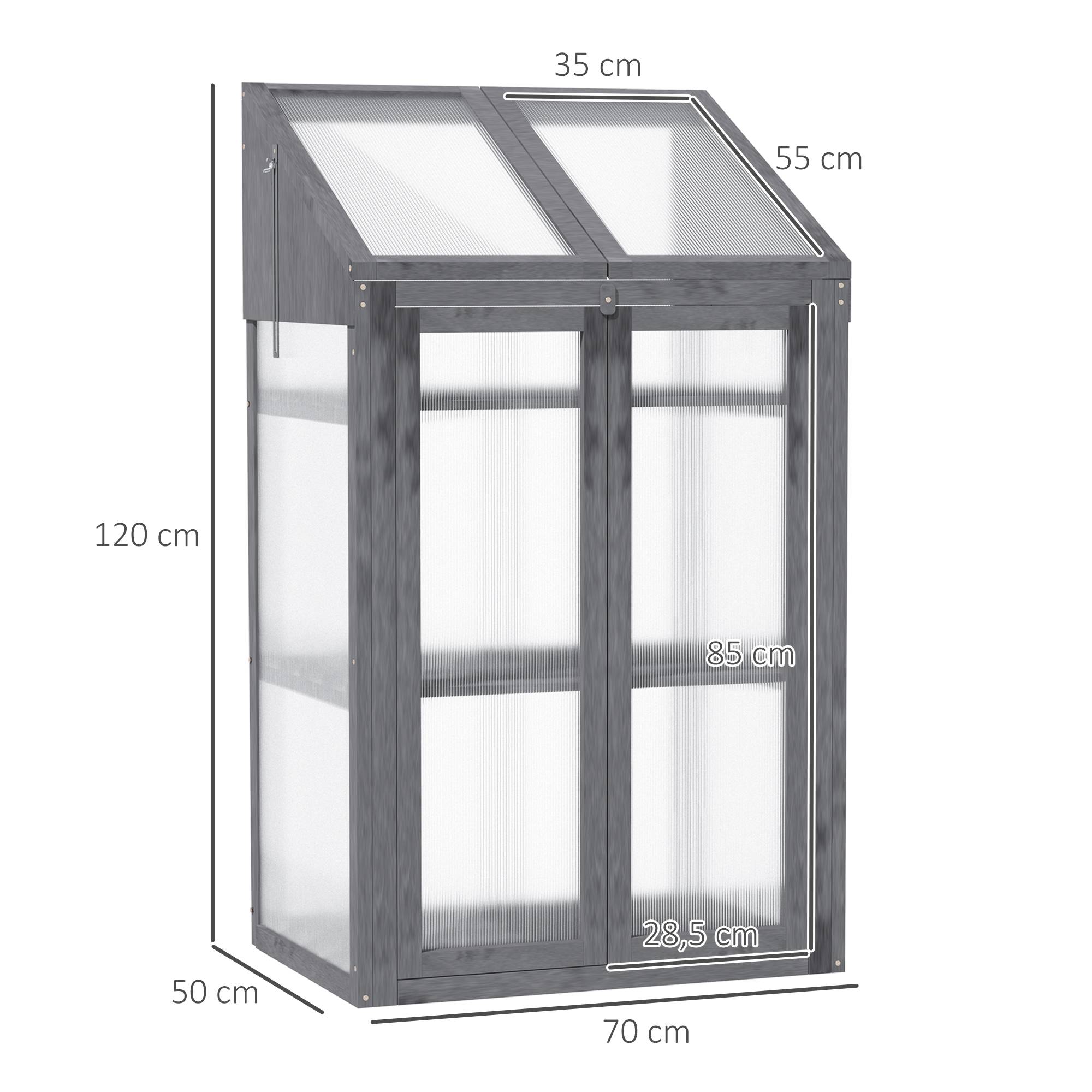 Mini-serre de jardin, petite serre avec cadre en bois, fenêtres et double porte, 3 étagères, 70L x 50l x 120H cm, gris - Image 5