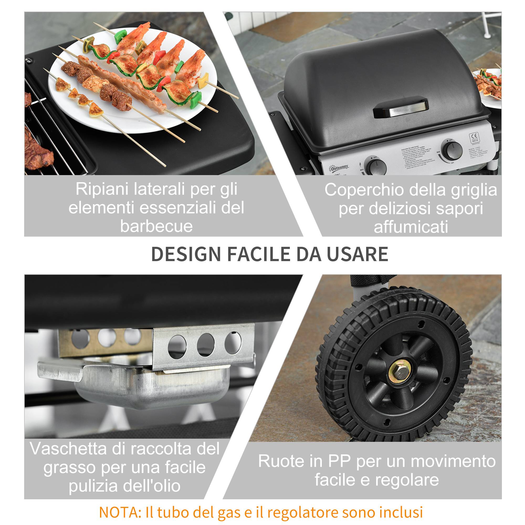 Barbecue à gaz avec couvercle, brûleurs de 5,6 kW, barbecue et roulettes, 104 x 49 x 99 cm - Image 8