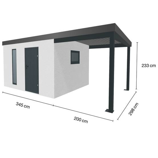 Abri de jardin en métal finition crépi 3450 x 2980 mm blanc avec auvent à droite 2000 x 2980 mm anthracite - Image 1