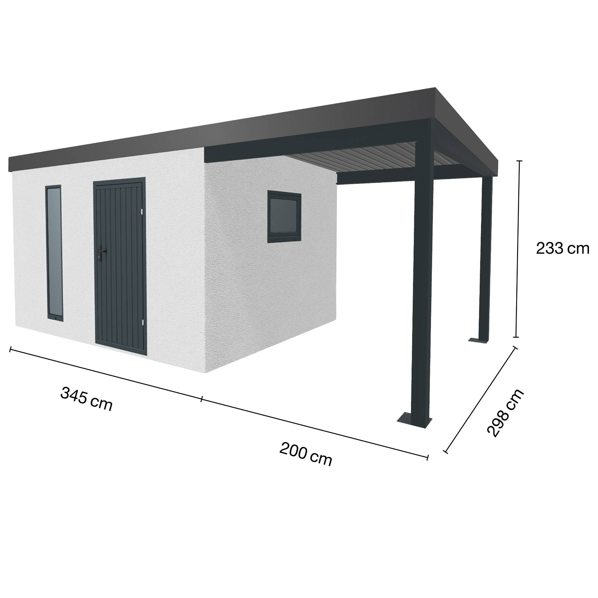 Abri de jardin en métal finition crépi 3450 x 2980 mm blanc avec auvent à droite 2000 x 2980 mm anthracite - Image 1
