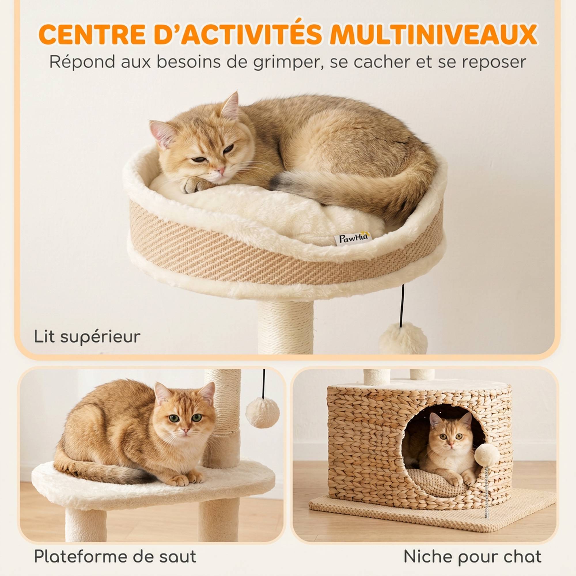 Arbre à chat design tressé moderne, 4 niveaux, niche jonc, perche jute, 87cm, beige - Image 6