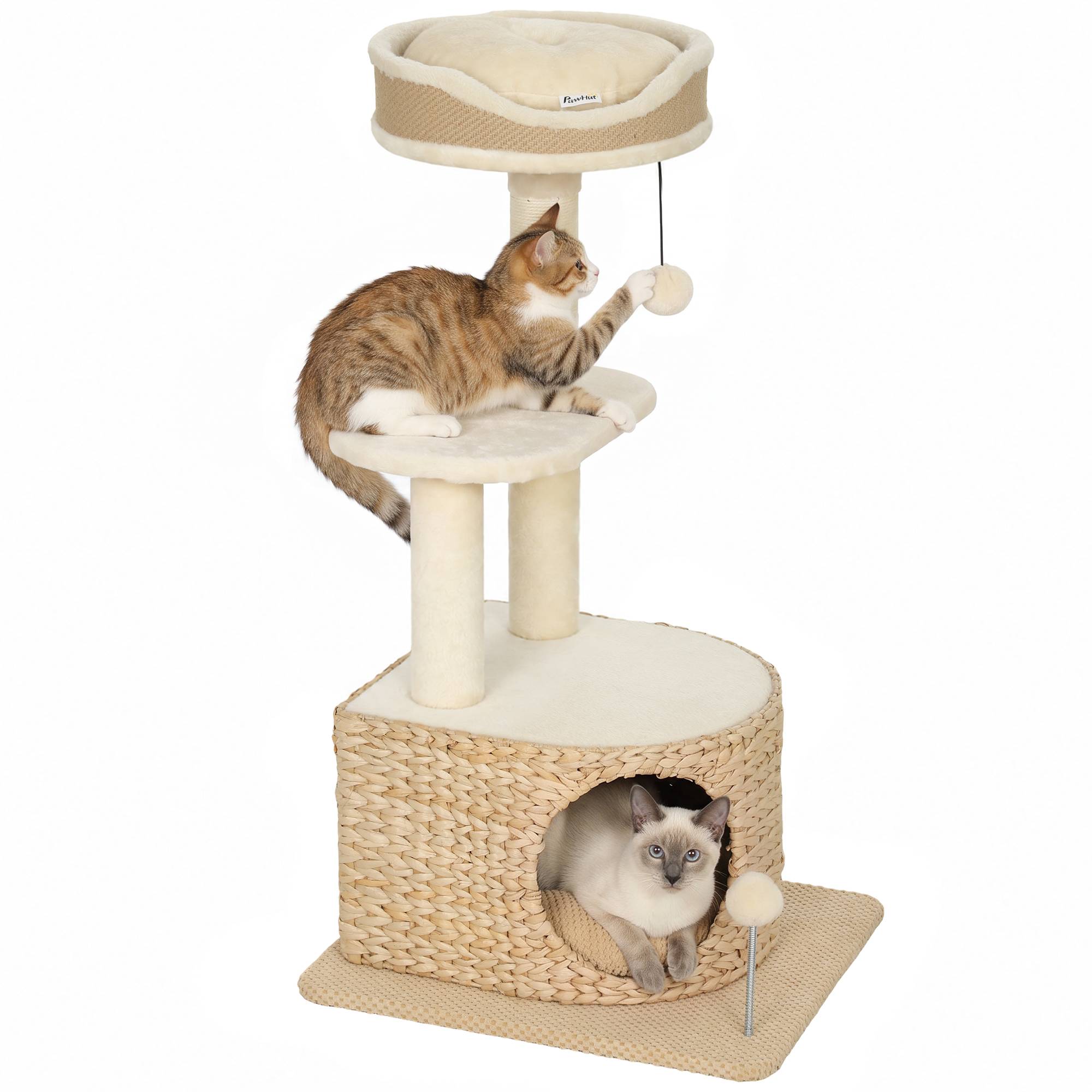 Arbre à chat design tressé moderne, 4 niveaux, niche jonc, perche jute, 87cm, beige