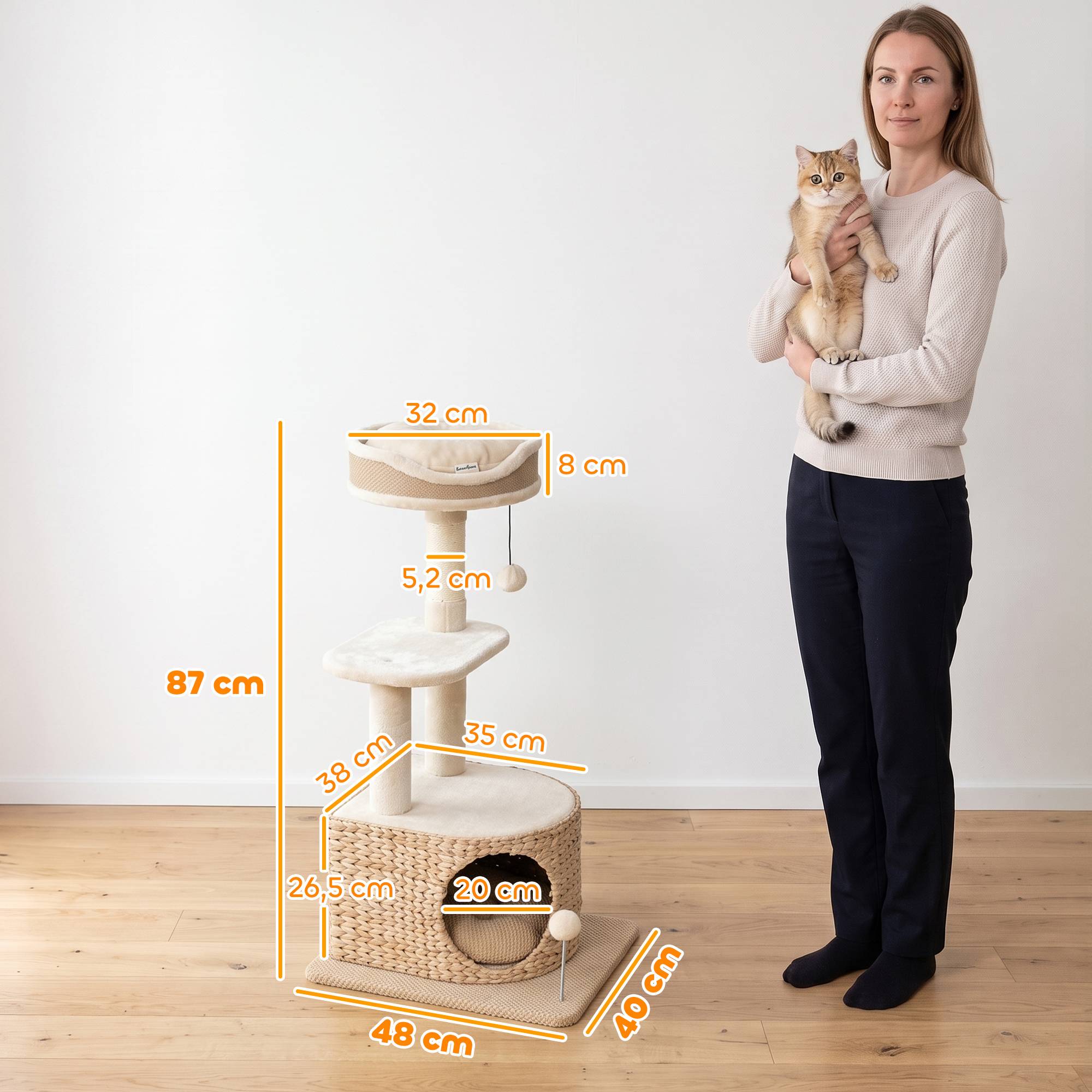 Arbre à chat design tressé moderne, 4 niveaux, niche jonc, perche jute, 87cm, beige - Image 5