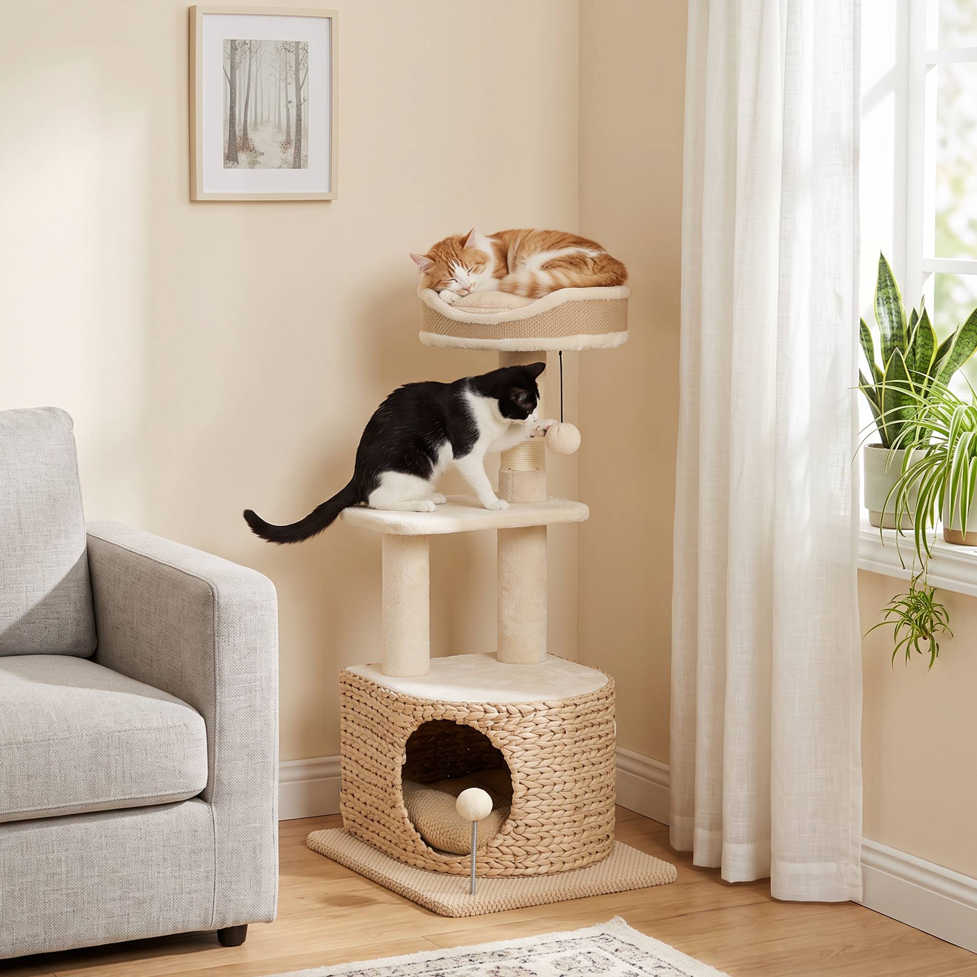 Arbre à chat design tressé moderne, 4 niveaux, niche jonc, perche jute, 87cm, beige - Image 3