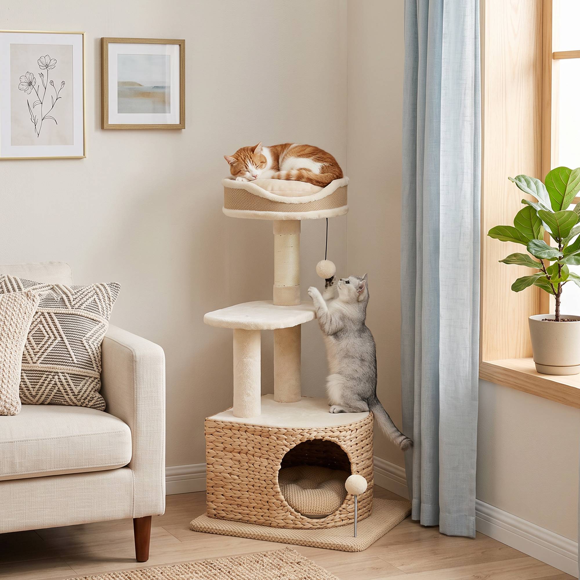 Arbre à chat design tressé moderne, 4 niveaux, niche jonc, perche jute, 87cm, beige - Image 4