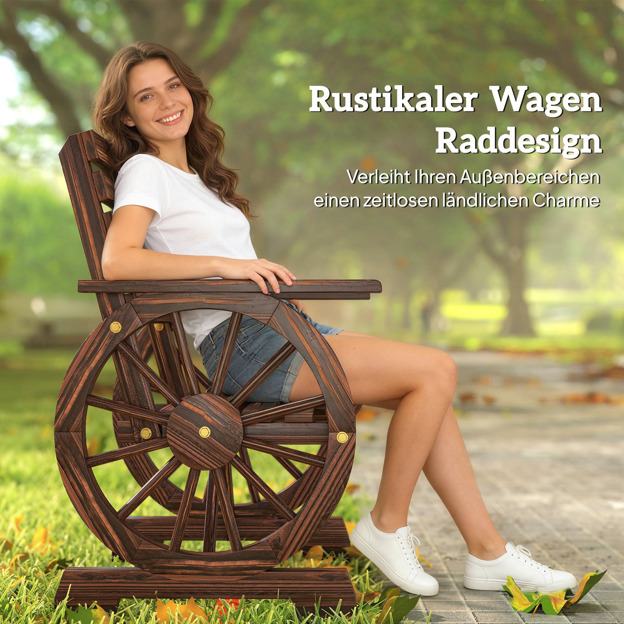 Chaise de jardin en bois avec motif de roue de chariot, chaise en bois de style campagnard, carbonisée - Image 6