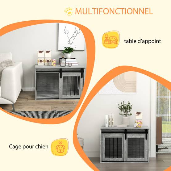 Cage chien intérieur bois métal table appoint porte coulissante 80x54x57cm gris - ComfortXL Outdoor Living - Image 6