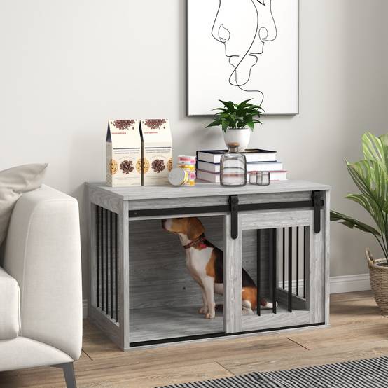 Cage chien intérieur bois métal table appoint porte coulissante 80x54x57cm gris - ComfortXL Outdoor Living - Image 4