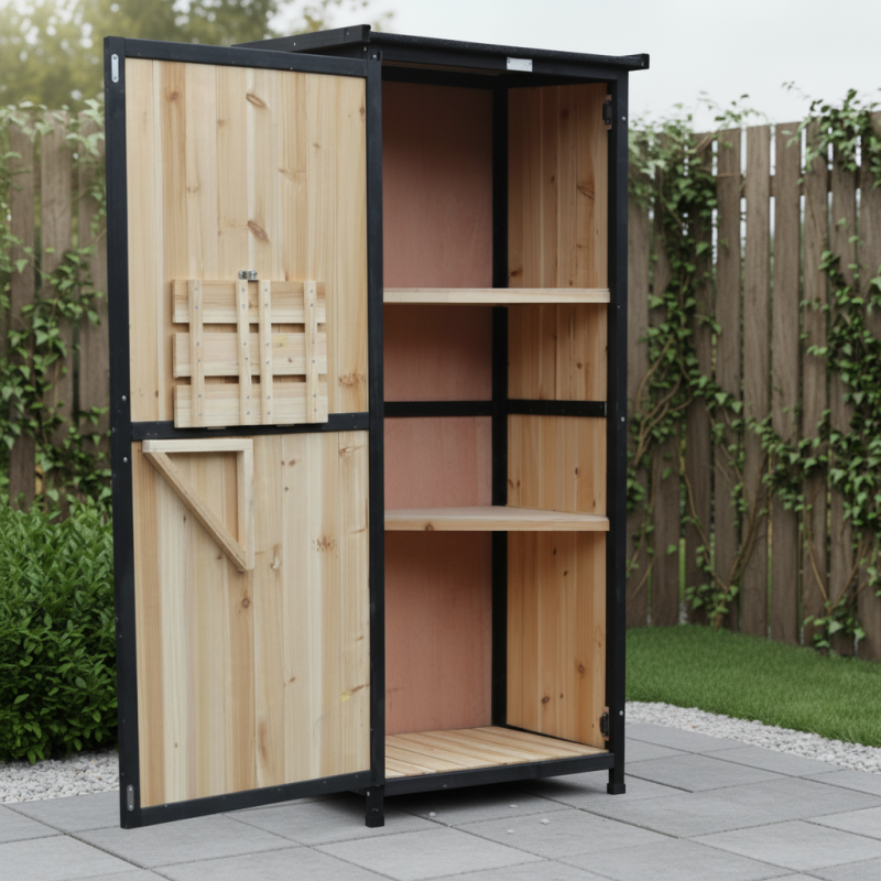 Armoire de jardin bois massif 69x52x142cm avec étagères et table pliable Arbour - Image 2