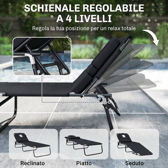 Chaise longue de plage pliante inclinable avec trou de lecture, chaise de jardin pliante, noire - Image 7