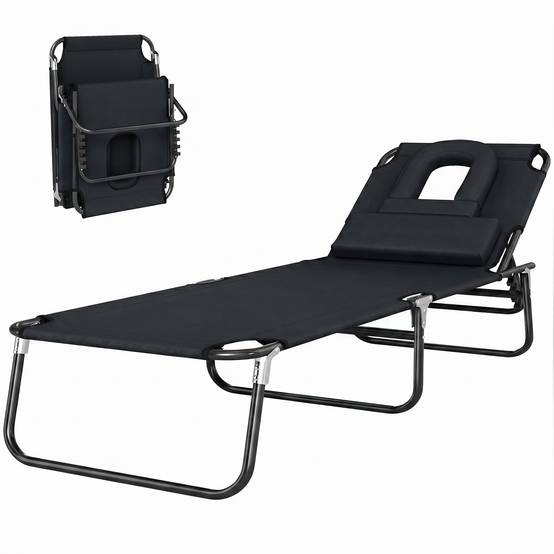 Chaise longue de plage pliante inclinable avec trou de lecture, chaise de jardin pliante, noire - Image 2