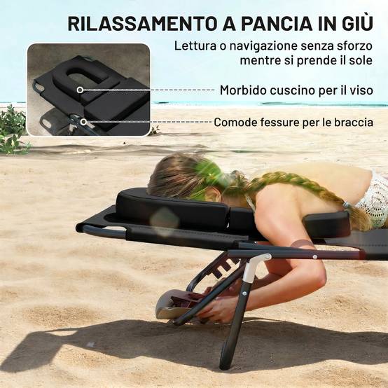 Chaise longue de plage pliante inclinable avec trou de lecture, chaise de jardin pliante, noire - Image 6