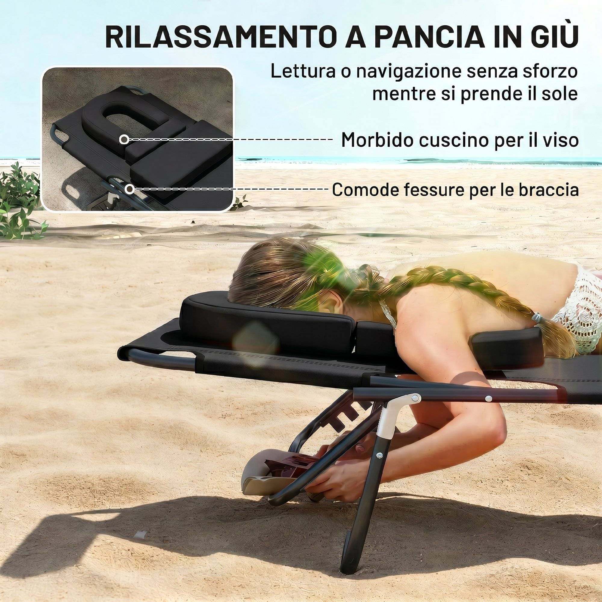 Chaise longue de plage pliante inclinable avec trou de lecture, chaise de jardin pliante, noire - Image 6