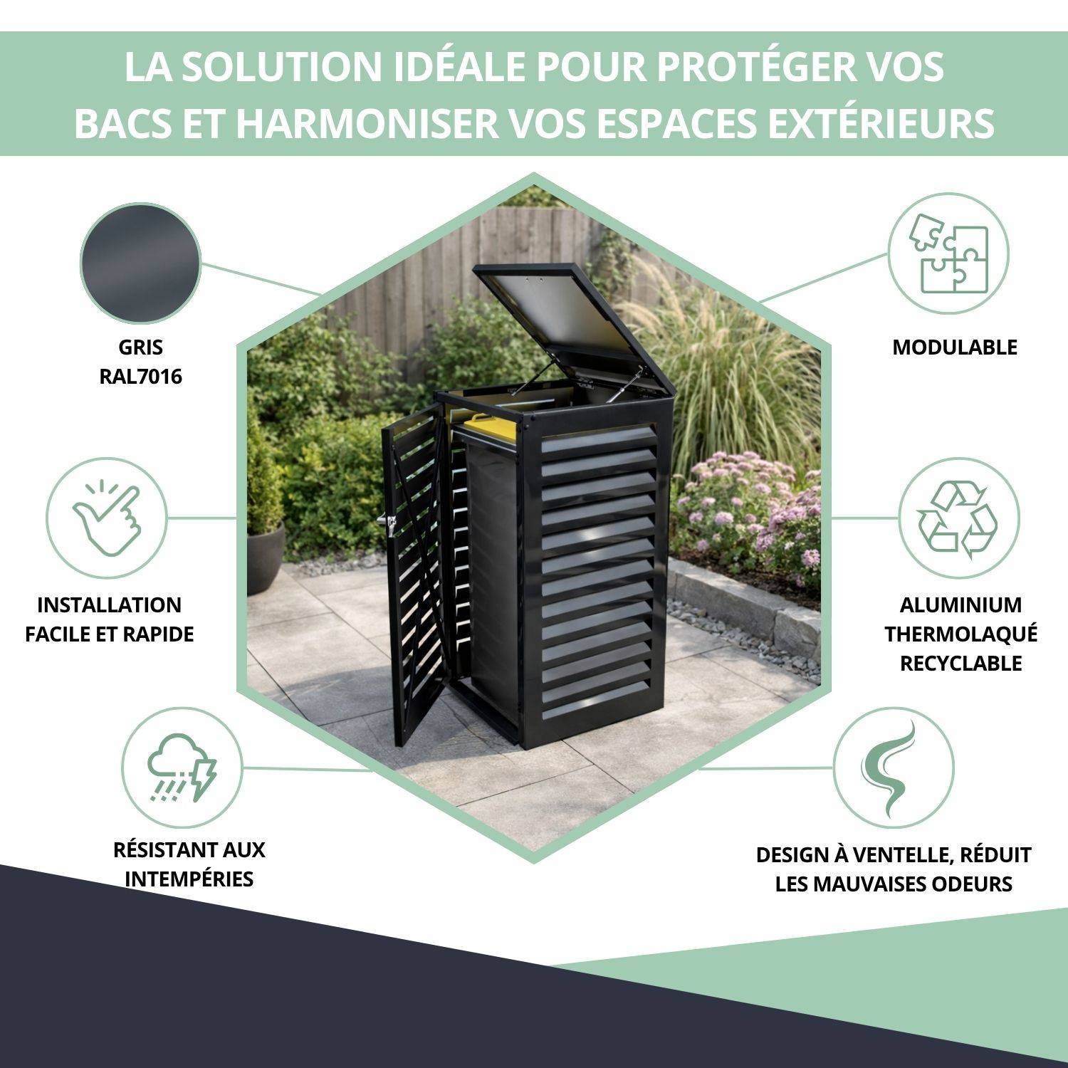Cache Poubelle Extérieur Simple en Aluminium thermolaqué - Abri pour 1 conteneur 120 Litres – Gris Anthracite RAL 7016 - Image 2