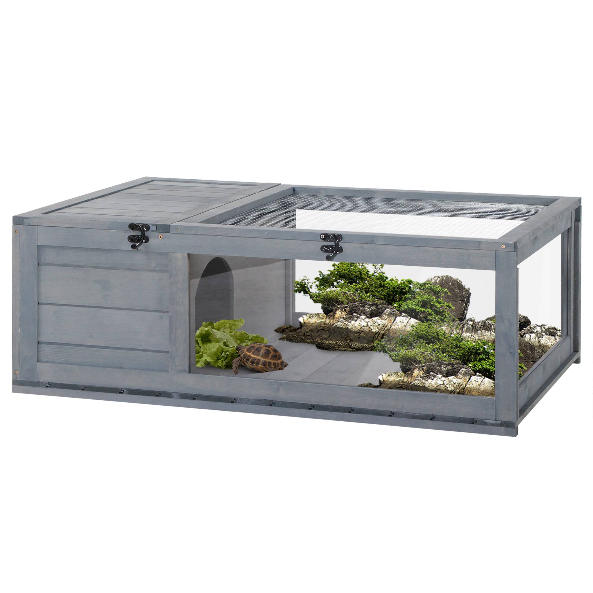 Sans Marque - Maison enclos cage habitat pour petit animal tortues avec 2 espaces 91 x 60,5 x 32 cm bois massif gris - Image 1