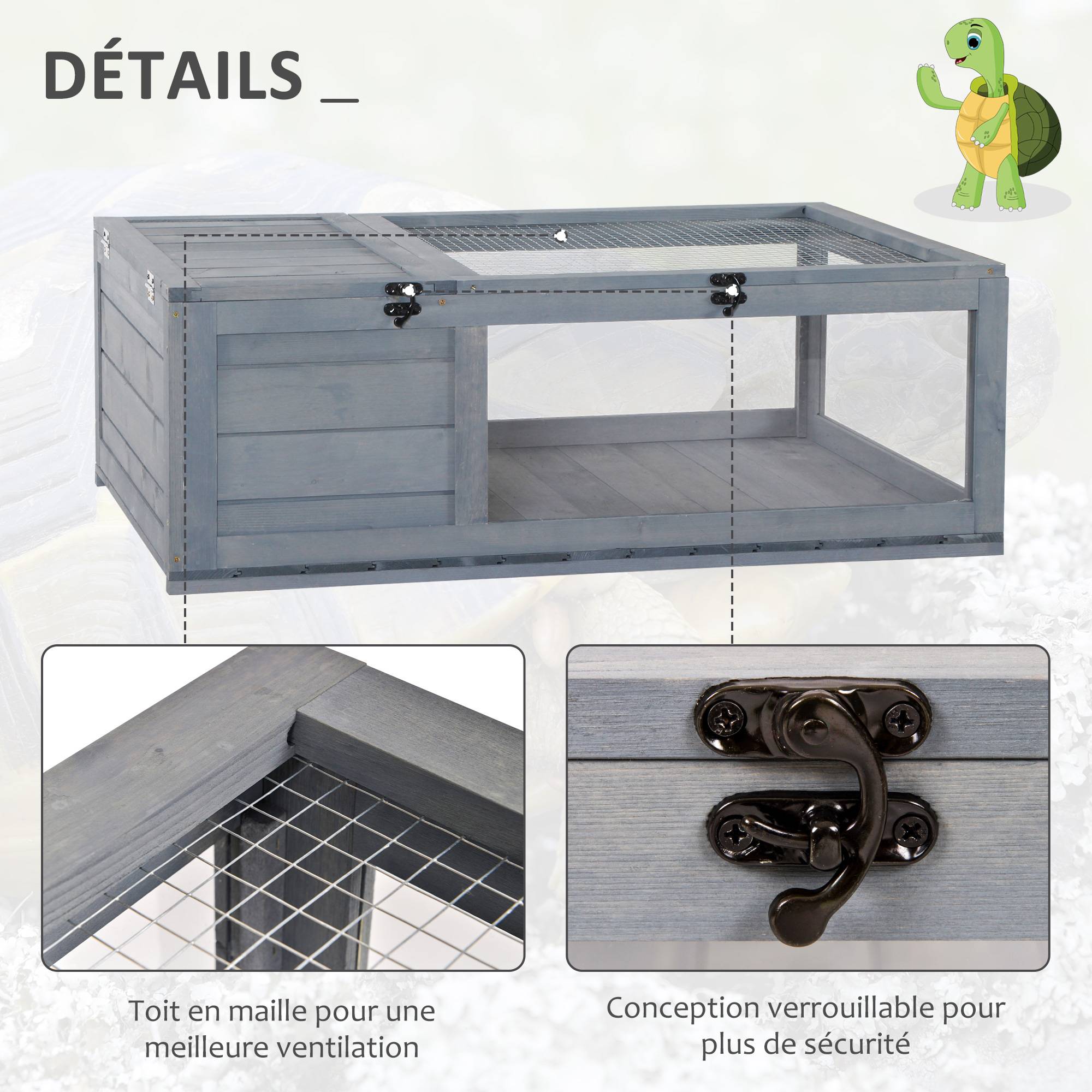 Sans Marque - Maison enclos cage habitat pour petit animal tortues avec 2 espaces 91 x 60,5 x 32 cm bois massif gris - Image 8