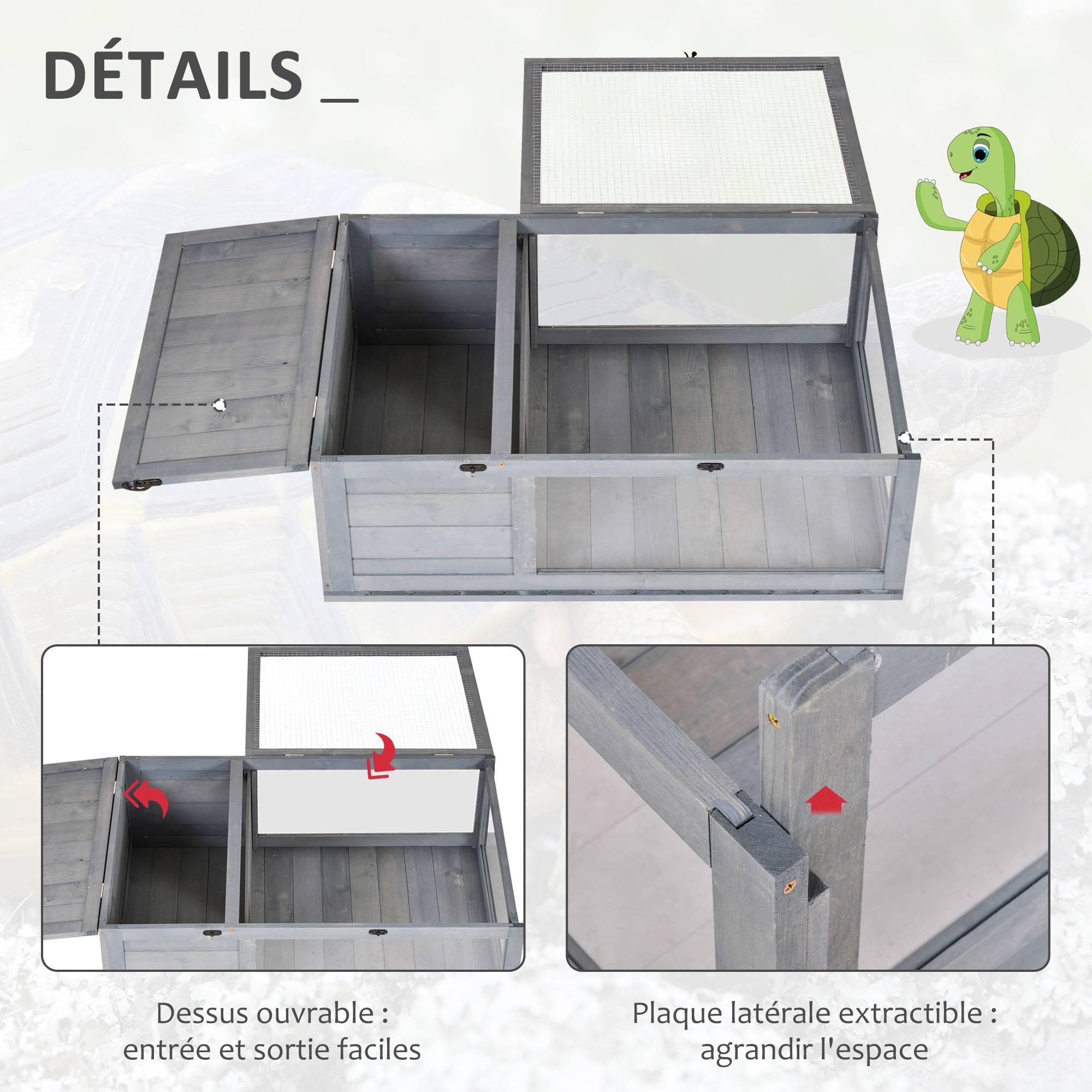 Sans Marque - Maison enclos cage habitat pour petit animal tortues avec 2 espaces 91 x 60,5 x 32 cm bois massif gris - Image 7