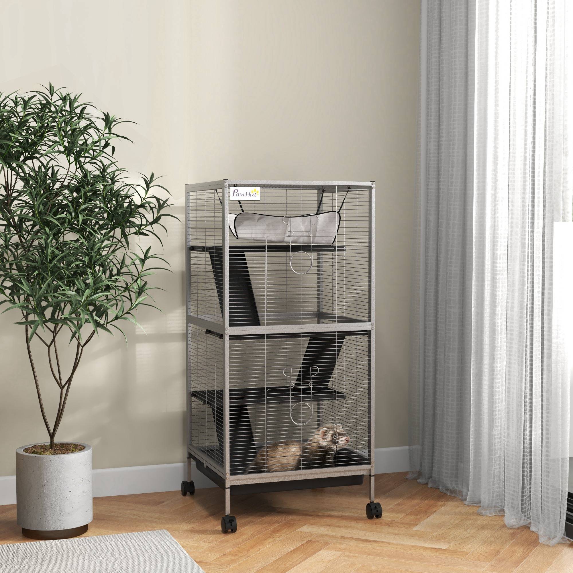 Sans Marque - Cage acier cobayes chinchillas 3 niveaux roulettes plateau amovible gris clair - Image 4