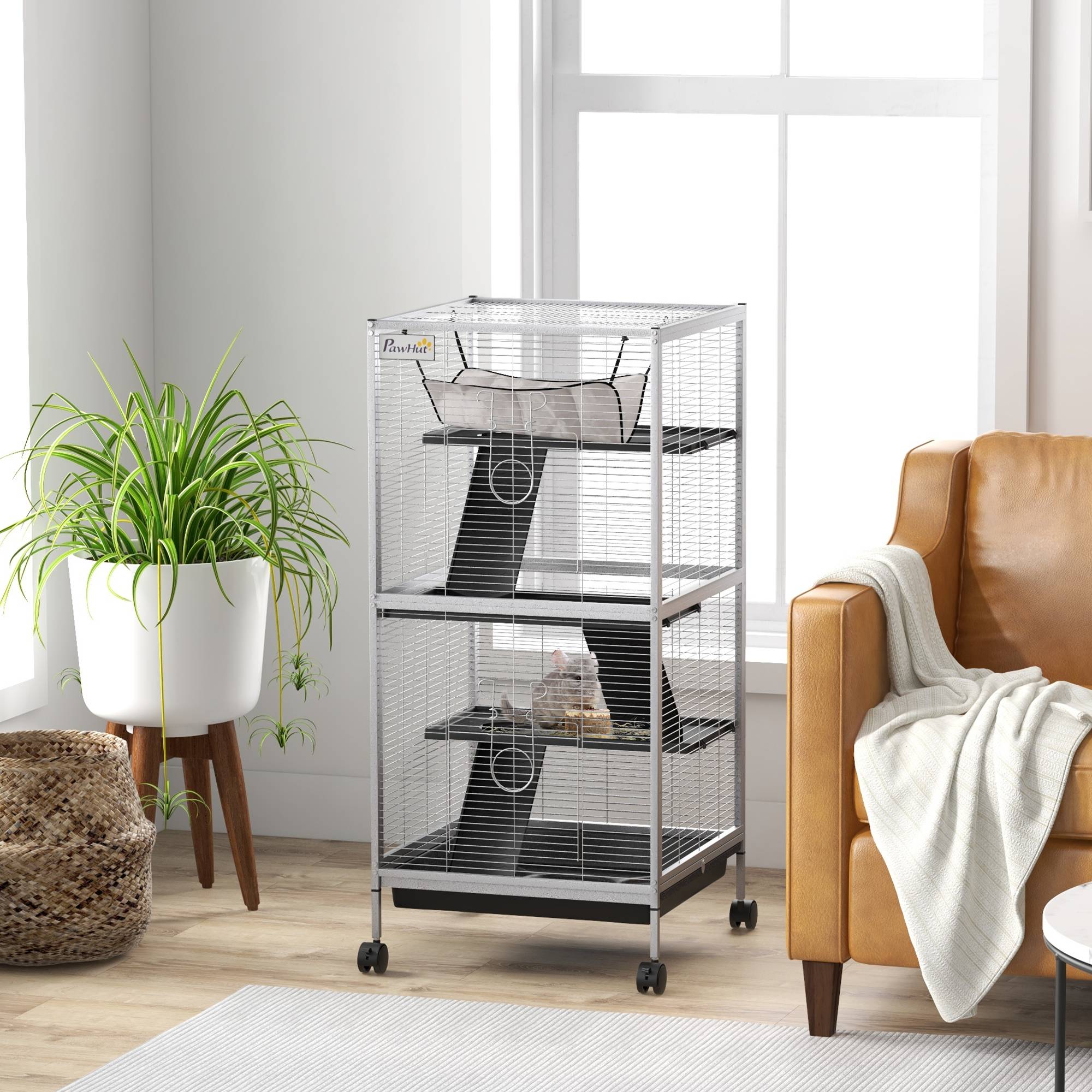 Sans Marque - Cage acier cobayes chinchillas 3 niveaux roulettes plateau amovible gris clair - Image 3