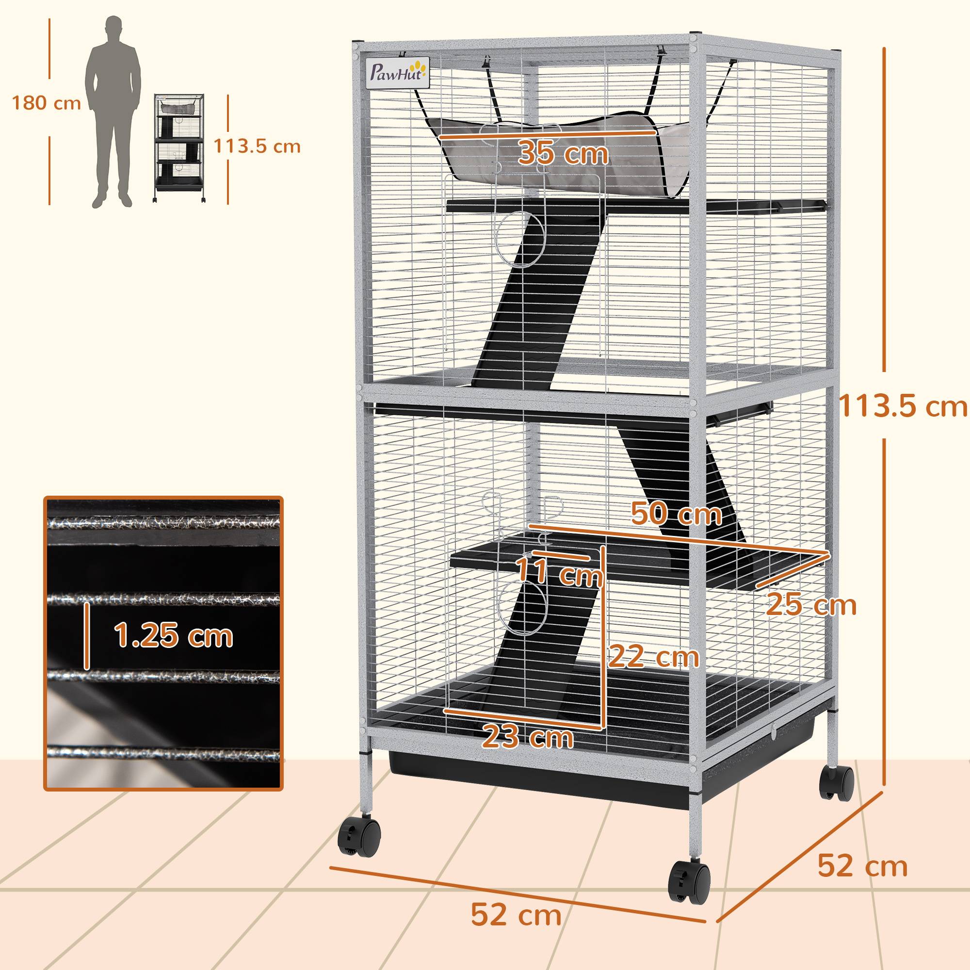 Sans Marque - Cage acier cobayes chinchillas 3 niveaux roulettes plateau amovible gris clair - Image 5