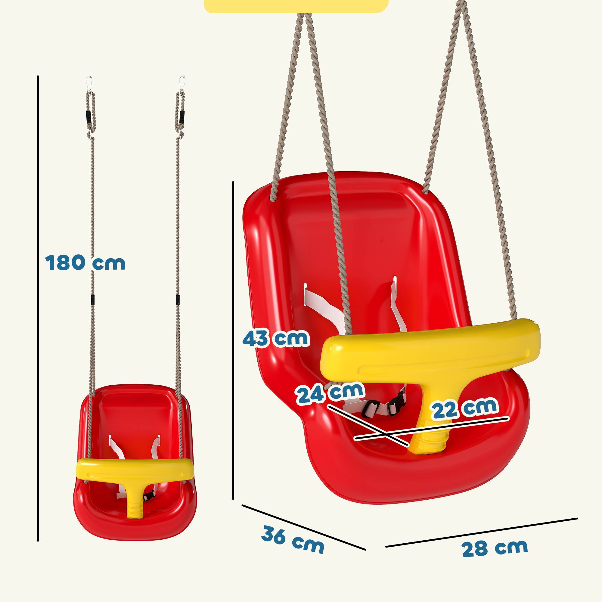 Balançoire pour enfants, balançoire bébé extérieure, dossier haut, barre de sécurité, hauteur ajustable, rouge et jaune - Image 5