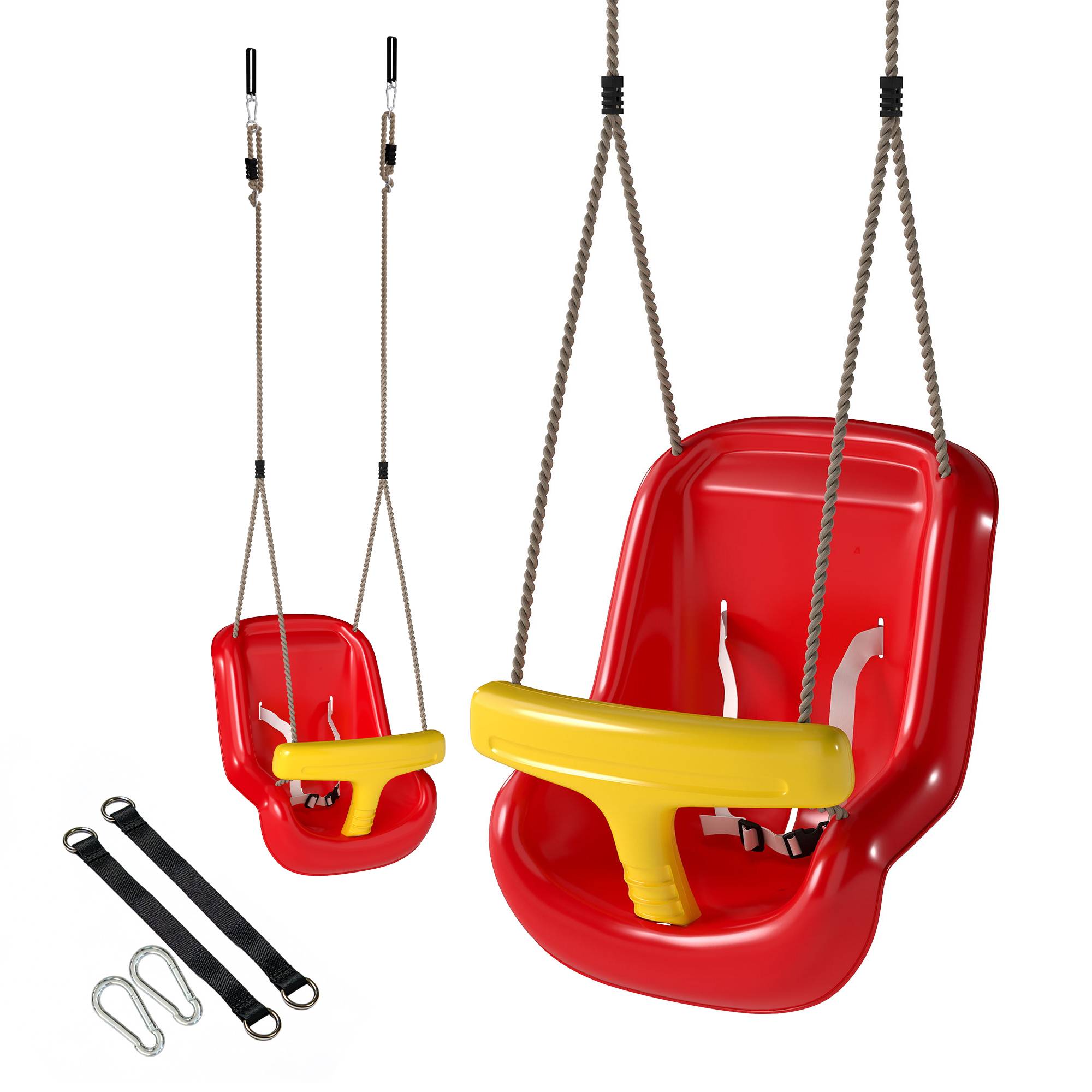 Balançoire pour enfants, balançoire bébé extérieure, dossier haut, barre de sécurité, hauteur ajustable, rouge et jaune - Image 2