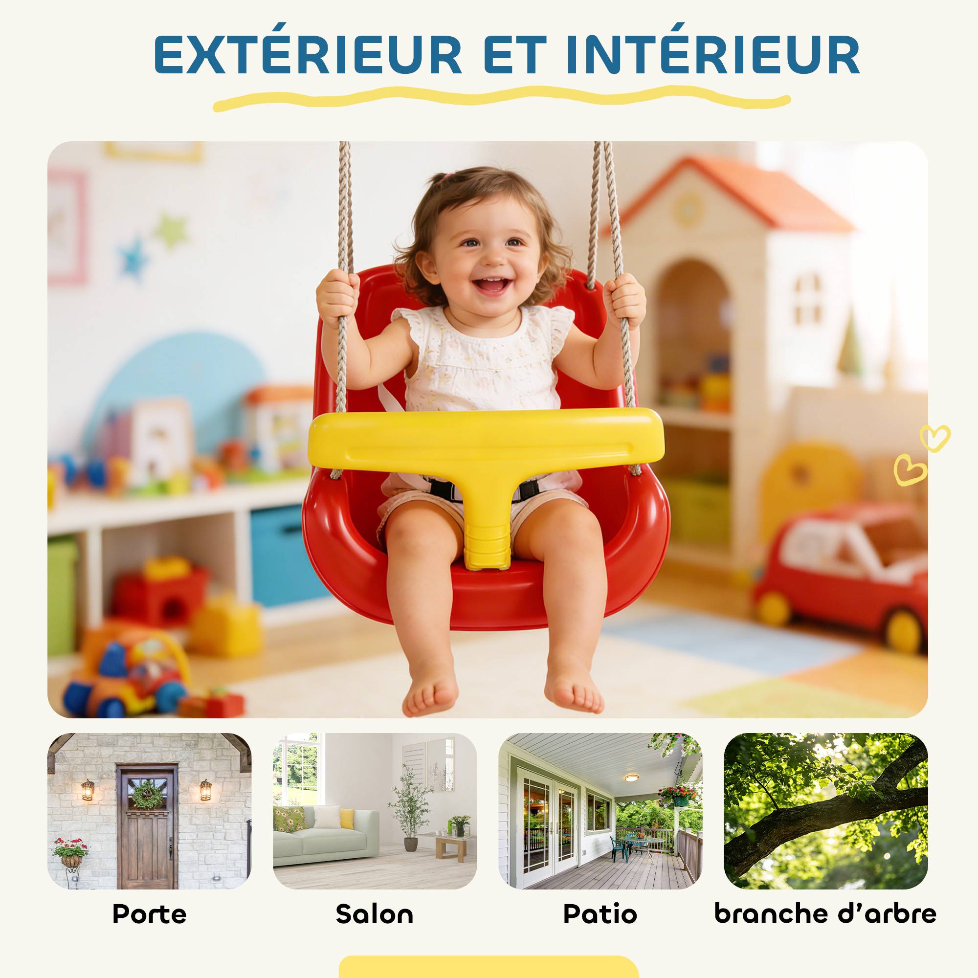 Balançoire pour enfants, balançoire bébé extérieure, dossier haut, barre de sécurité, hauteur ajustable, rouge et jaune - Image 8