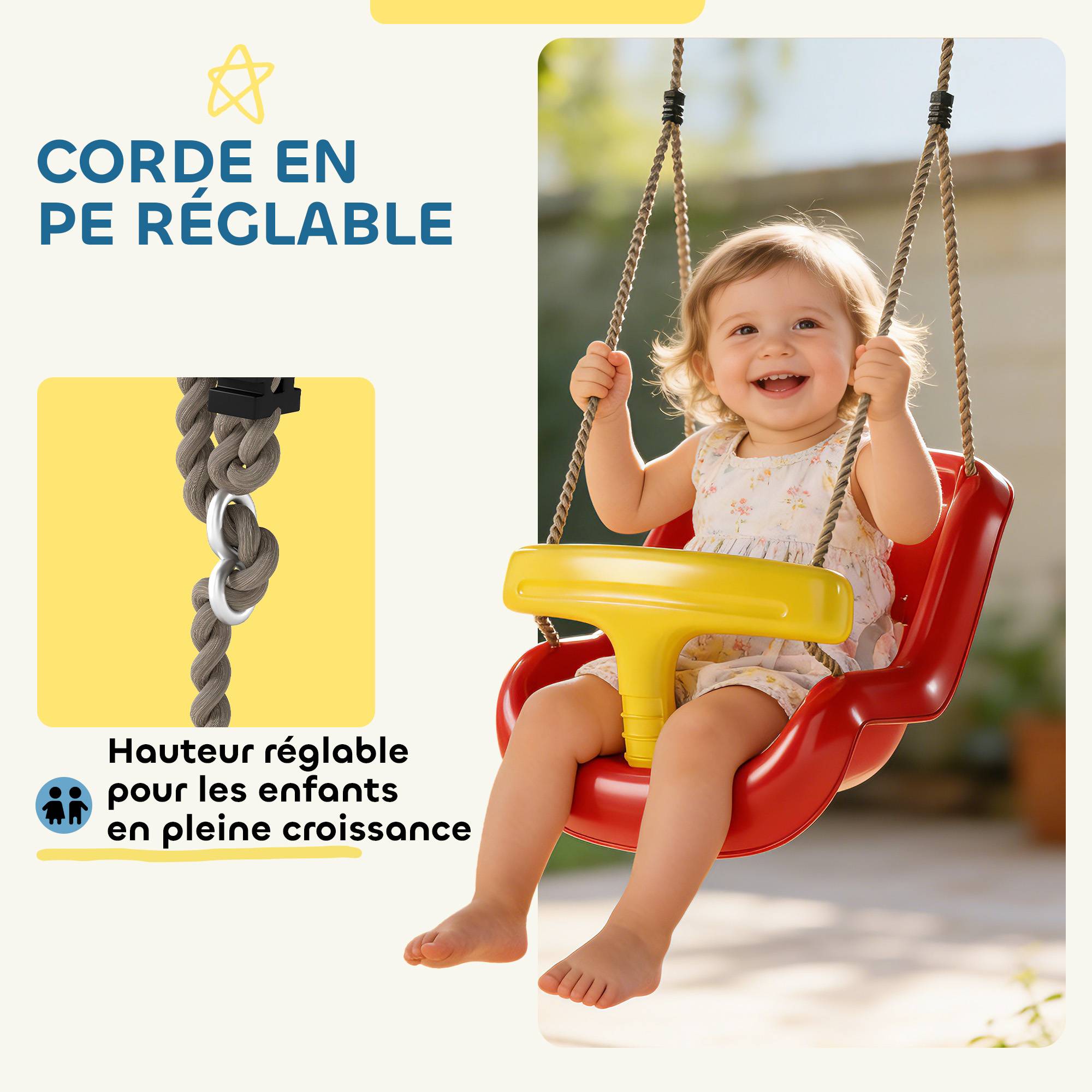 Balançoire pour enfants, balançoire bébé extérieure, dossier haut, barre de sécurité, hauteur ajustable, rouge et jaune - Image 6