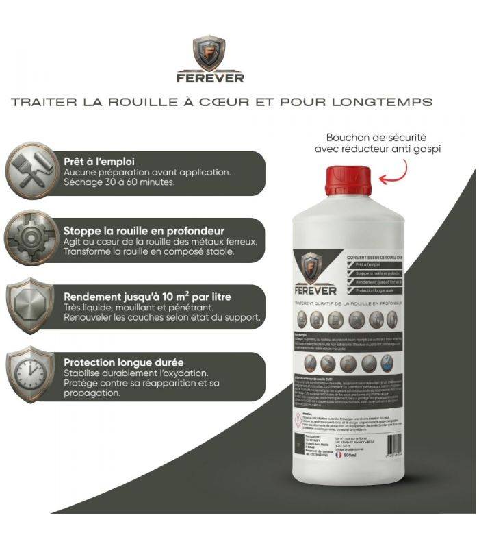 Lot 6 bidons convertisseur de rouille 0,5L longue durée, séchage rapide - FEREVER CV01x6 - Image 2
