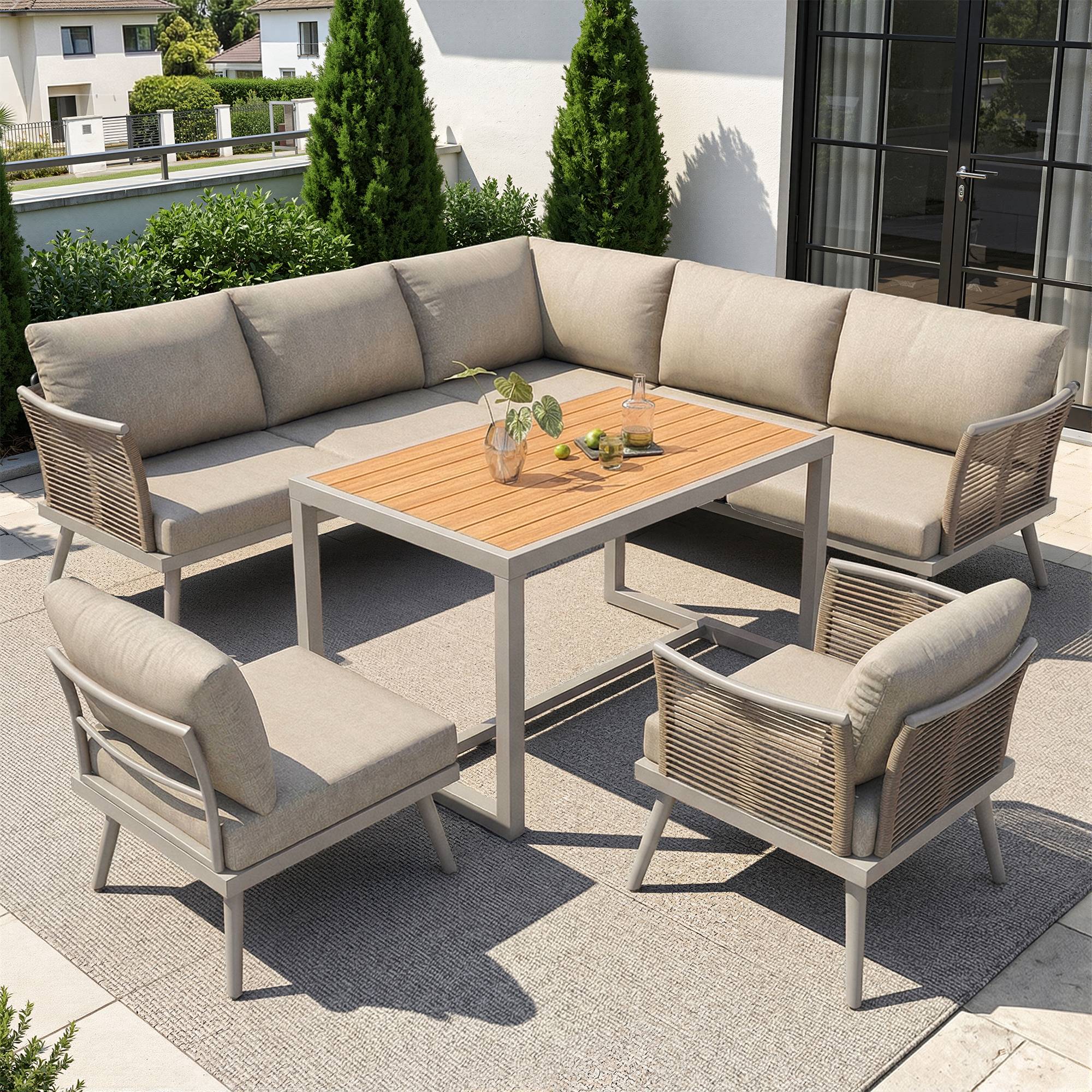 ComfortXL - Salon de jardin d'angle 7 places en métal et corde tressée pour terrasse avec table beige - ComfortXL Outdoor Living - Image 1