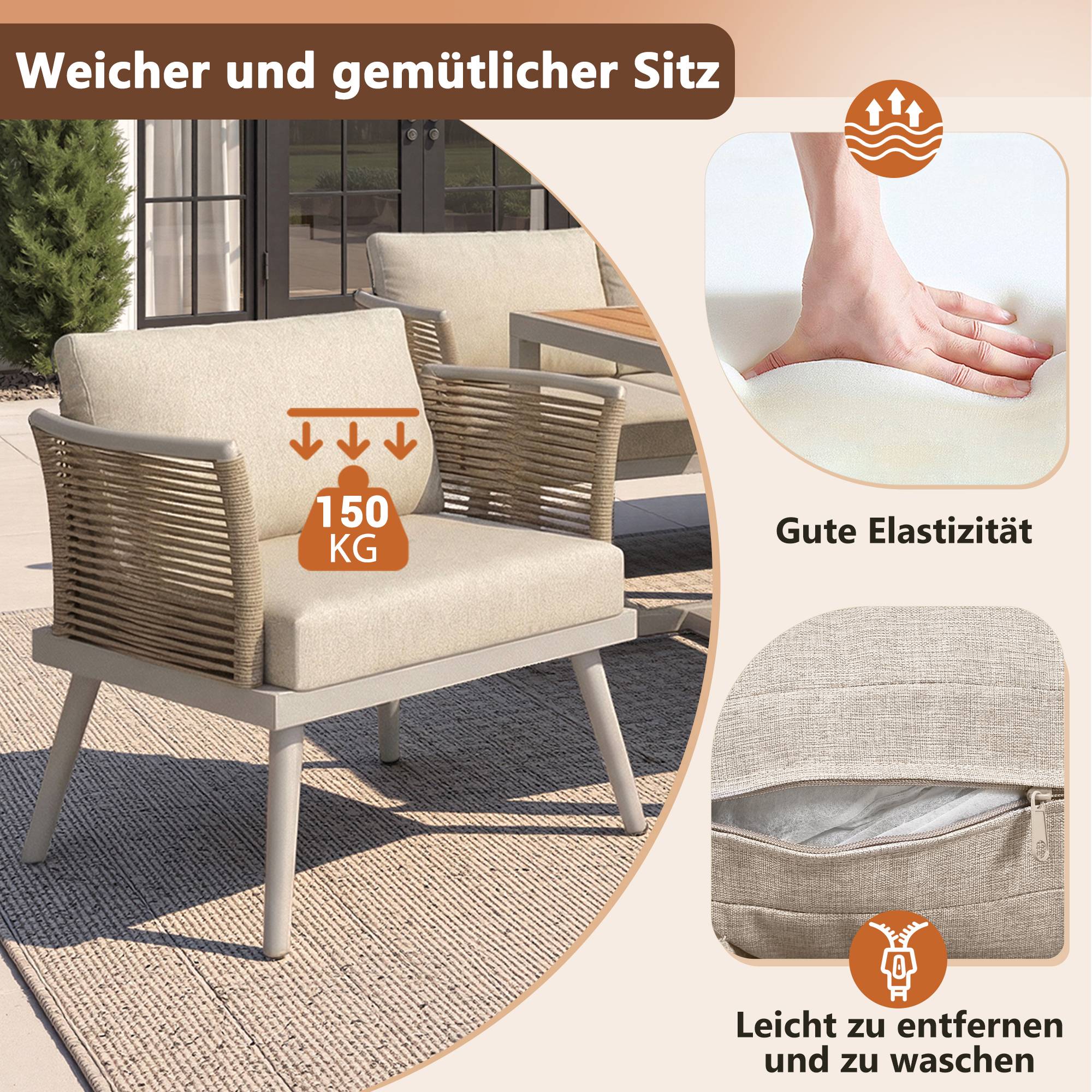 ComfortXL - Salon de jardin d'angle 7 places en métal et corde tressée pour terrasse avec table beige - ComfortXL Outdoor Living - Image 6