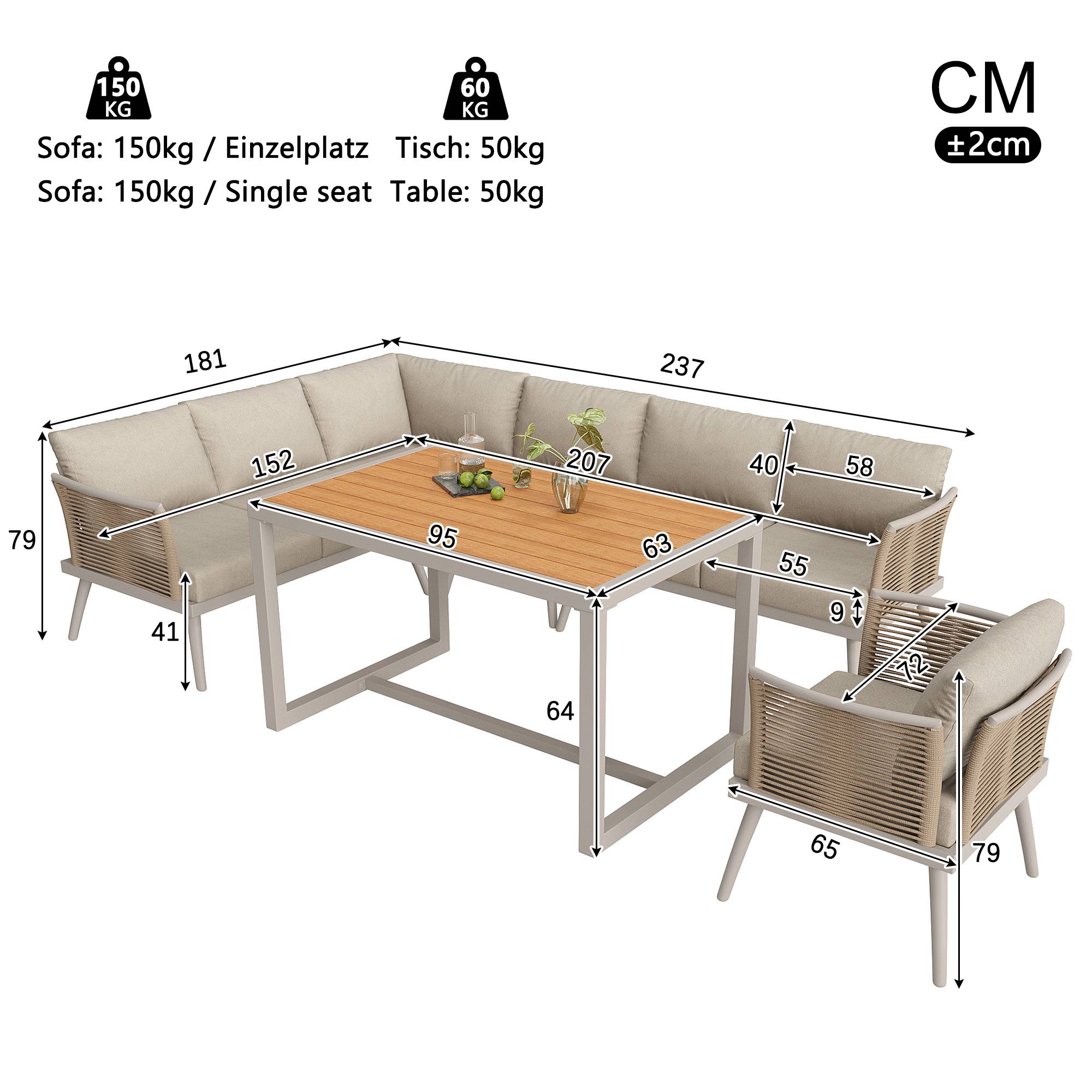 ComfortXL - Salon de jardin d'angle 7 places en métal et corde tressée pour terrasse avec table beige - ComfortXL Outdoor Living - Image 3