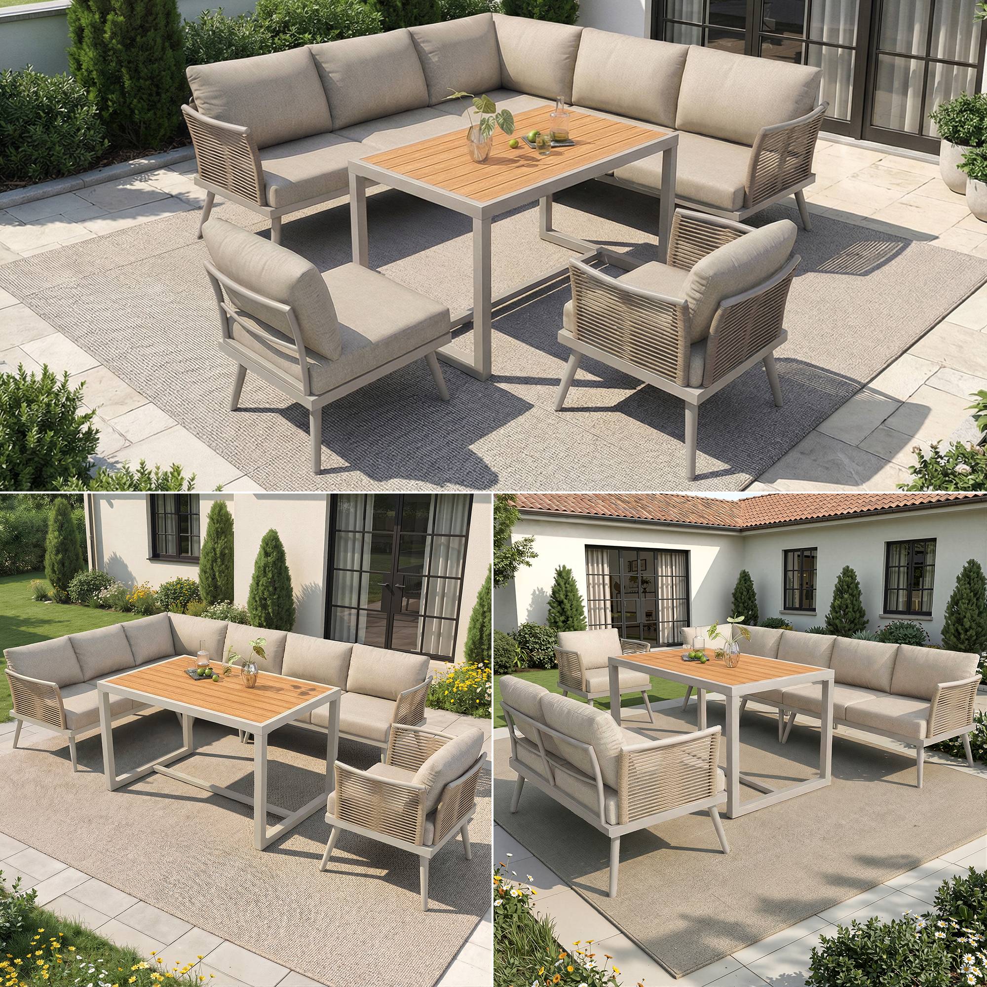 ComfortXL - Salon de jardin d'angle 7 places en métal et corde tressée pour terrasse avec table beige - ComfortXL Outdoor Living - Image 9